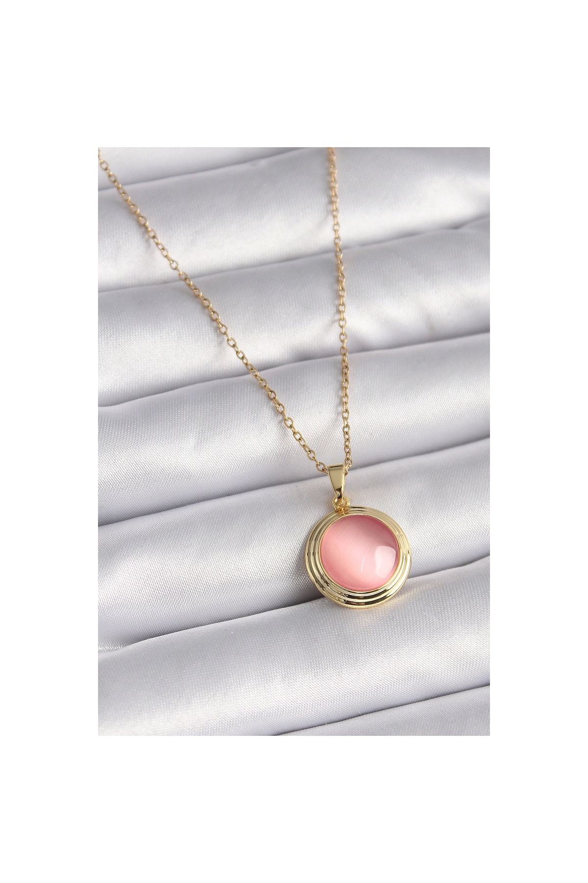 Narnuga 316L Çelik Gold Renk Pembe Sedefli Daire Model Kadın Kolye - TJ-BKO9428