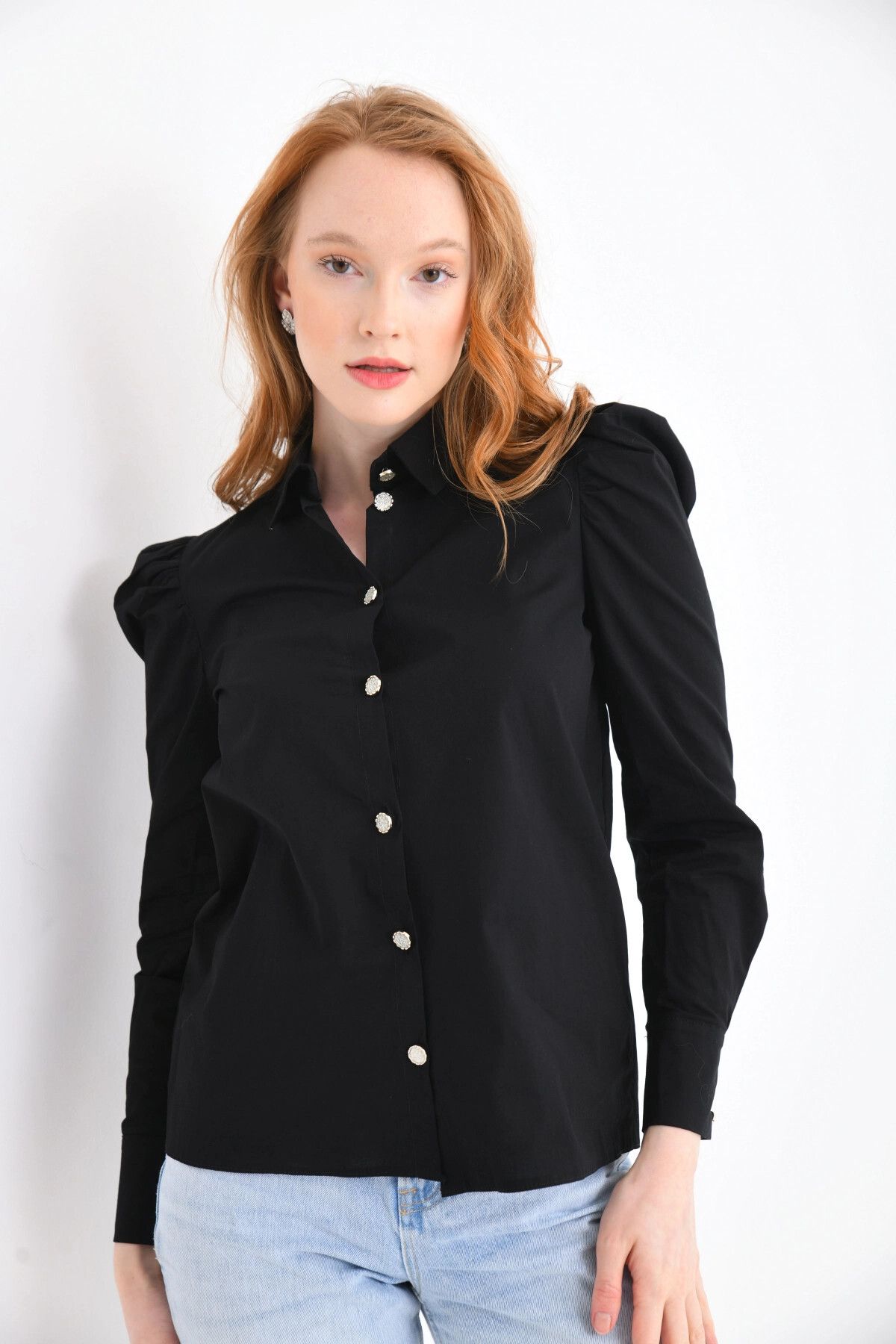 Park Karon-Black Jewelled Buttoned and Shoulder Detailed Lycra Women's Shirt 5