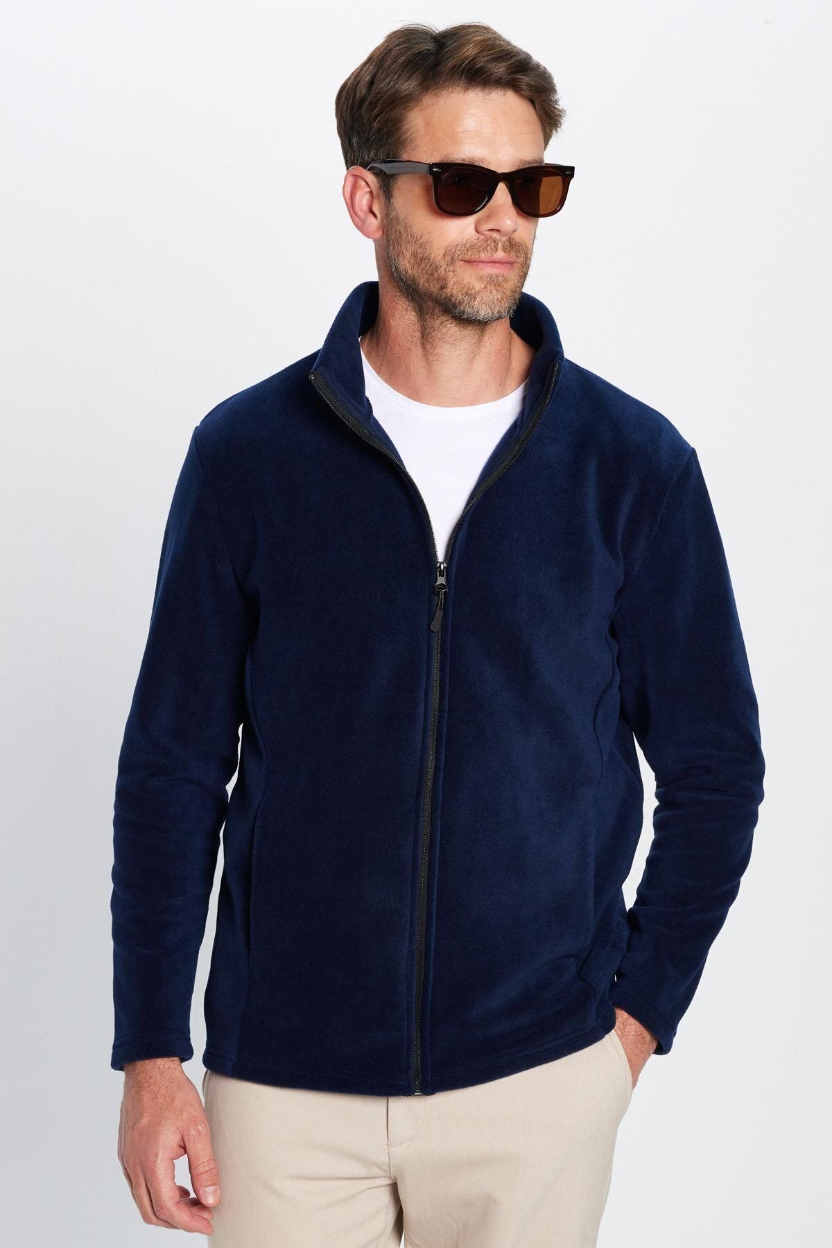 Tudors-Unisex Navy Blue Anti-Pilling Non-Pilling Standard Fit Full Zip Cold-Proof Fleece Cardigan 3