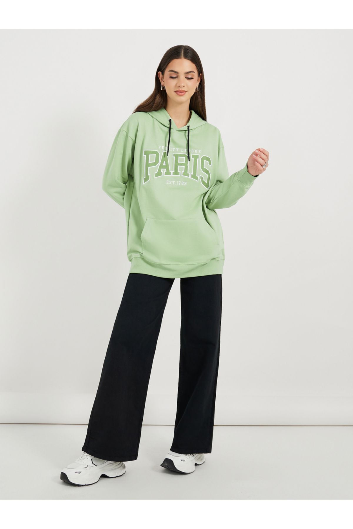 Styli-Regular Fit Longline Embroidered Slogan Hoodie 2