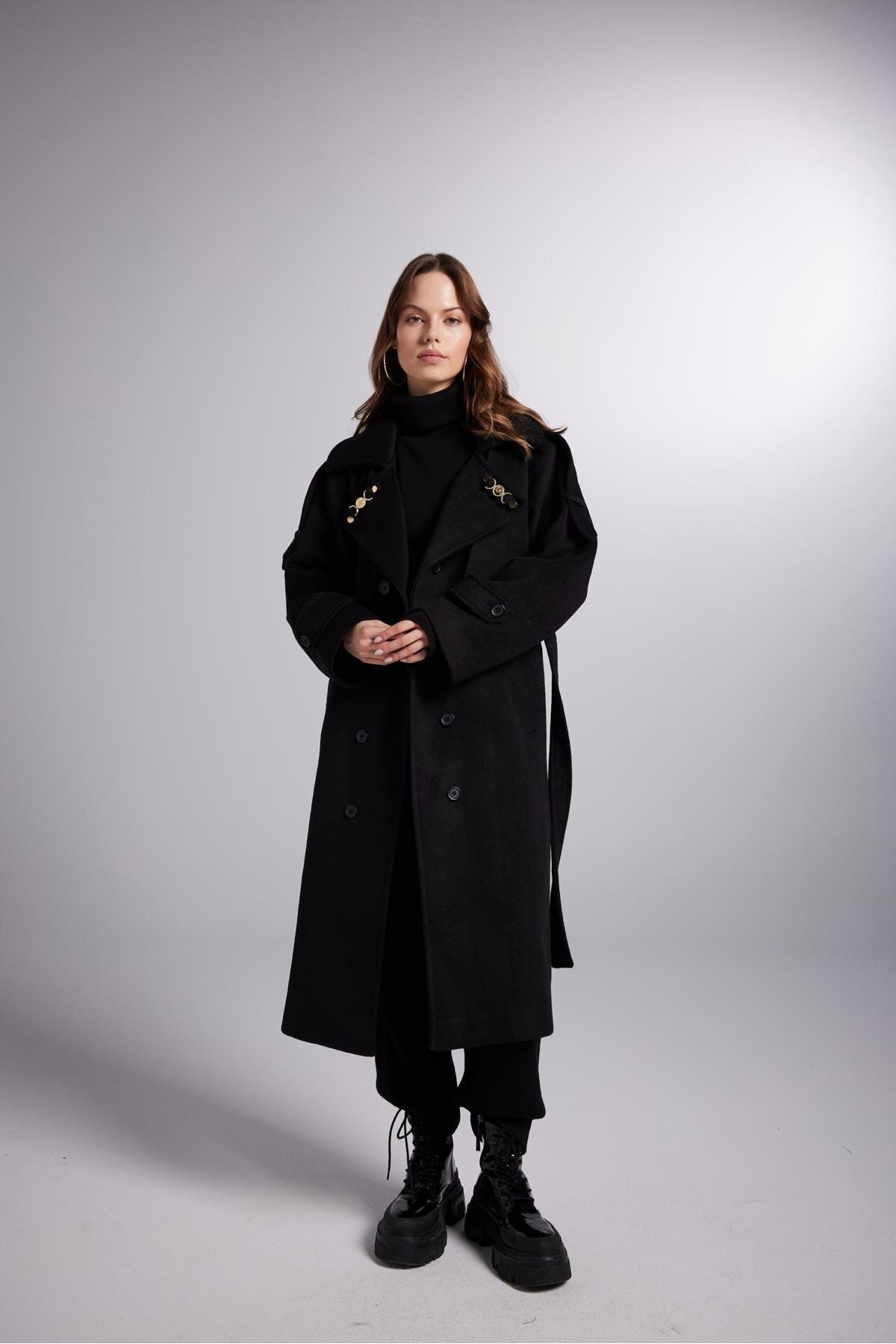 HOLLY LOLLY-Doplnok detailne spracovaná zmes vlny Maxi dĺžka Woody Coat Black 7