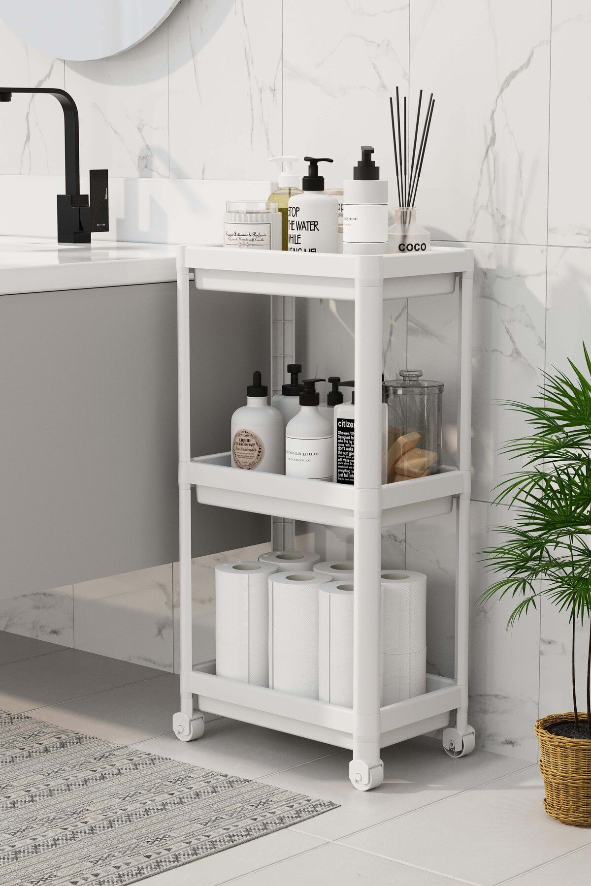 3 Katlı Tekerlekli Beyaz Banyo Rafı, Havluluk, Deterjanlık Makyaj Organizer