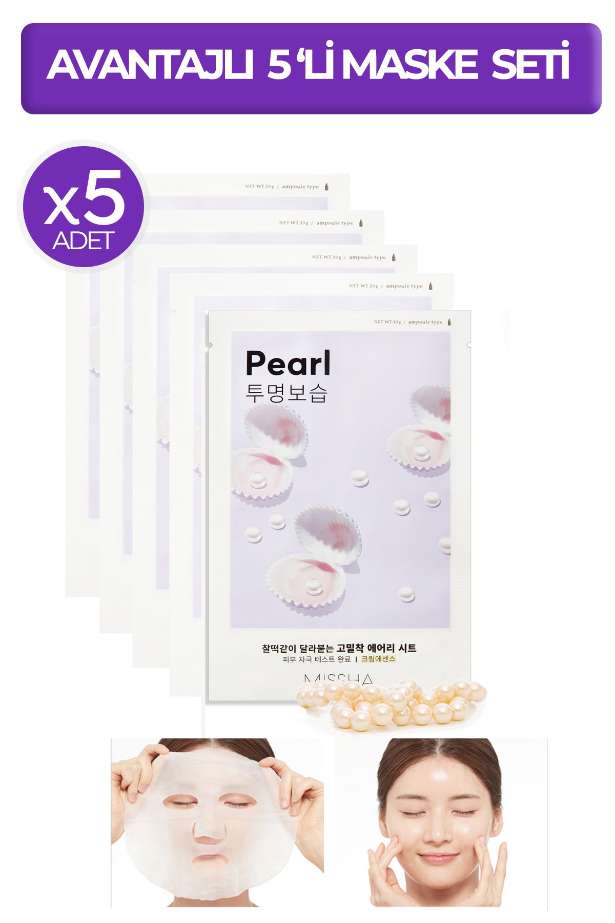 Missha Avantajlı İnci Özlü Aydınlık Görünüm Sunan Yaprak Maske Seti (5ad) Airy Fit Sheet Mask Pearl