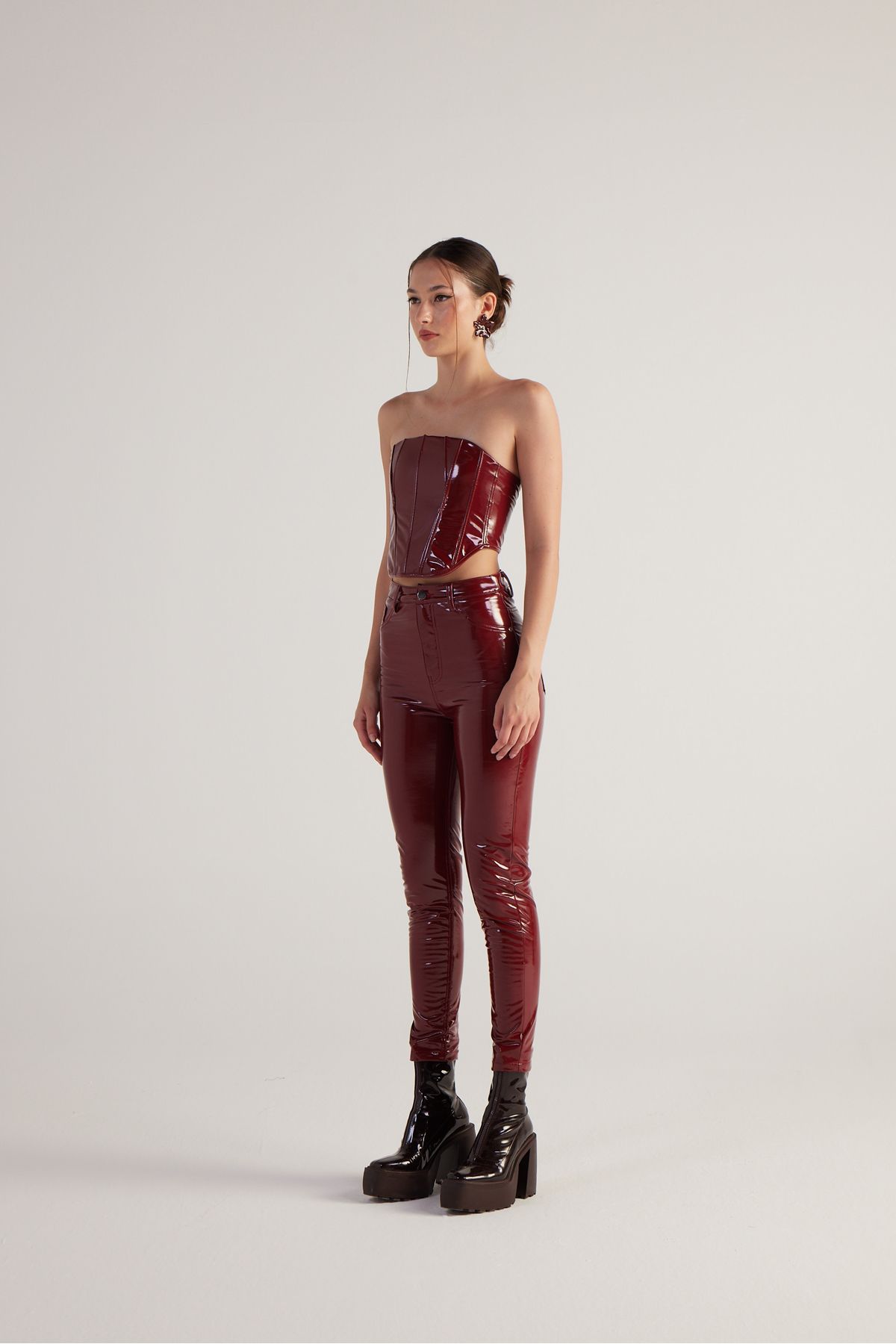 HOLLY LOLLY-Pantaloni Bria Cu Talie Înaltă, Roșu Claret 6