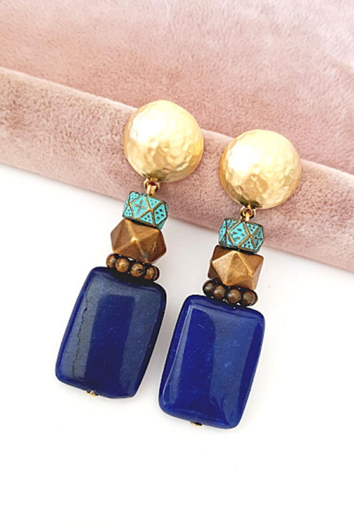 PETEK AKSESUAR-Natural Stone Design Earrings Navy Blue 2