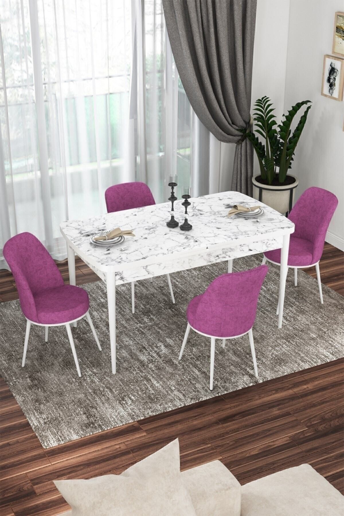 Kor Series 70x114 Openable Kitchen Table Set White Marble Pattern Table 4 Purple Chairs