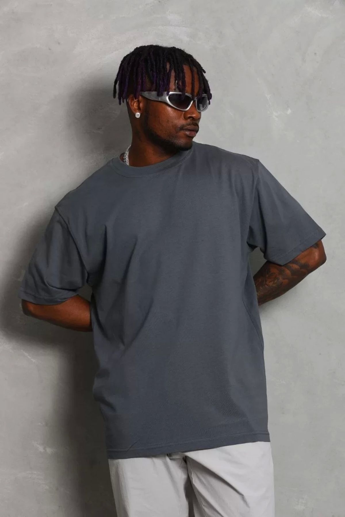 CVS Unisex Oversize Düz Bisiklet Yaka T-Shirt - Füme