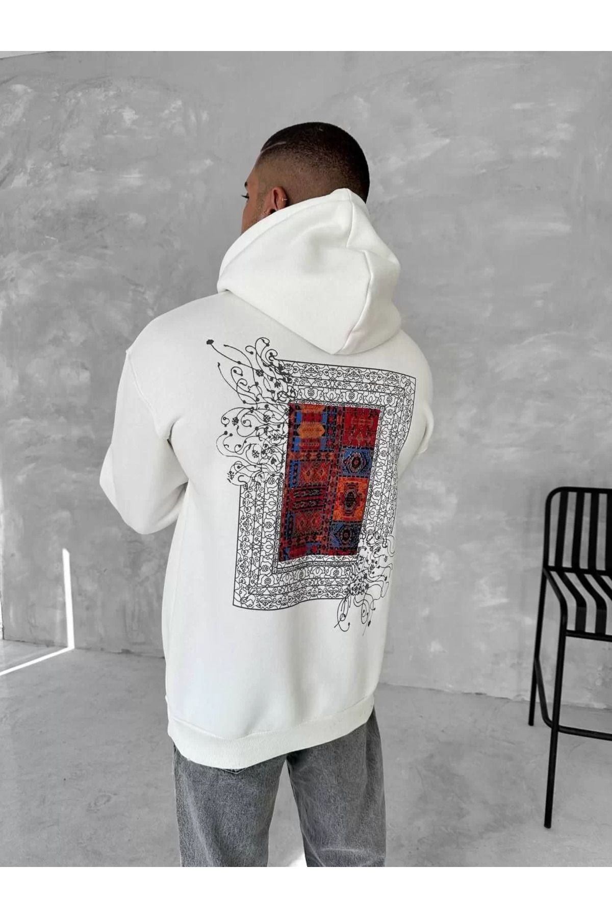 SA Alişveriş Dünyam Uzun Kol Kapüşonlu Ön Ve Arka Baskılı SweatShirt - Beyaz