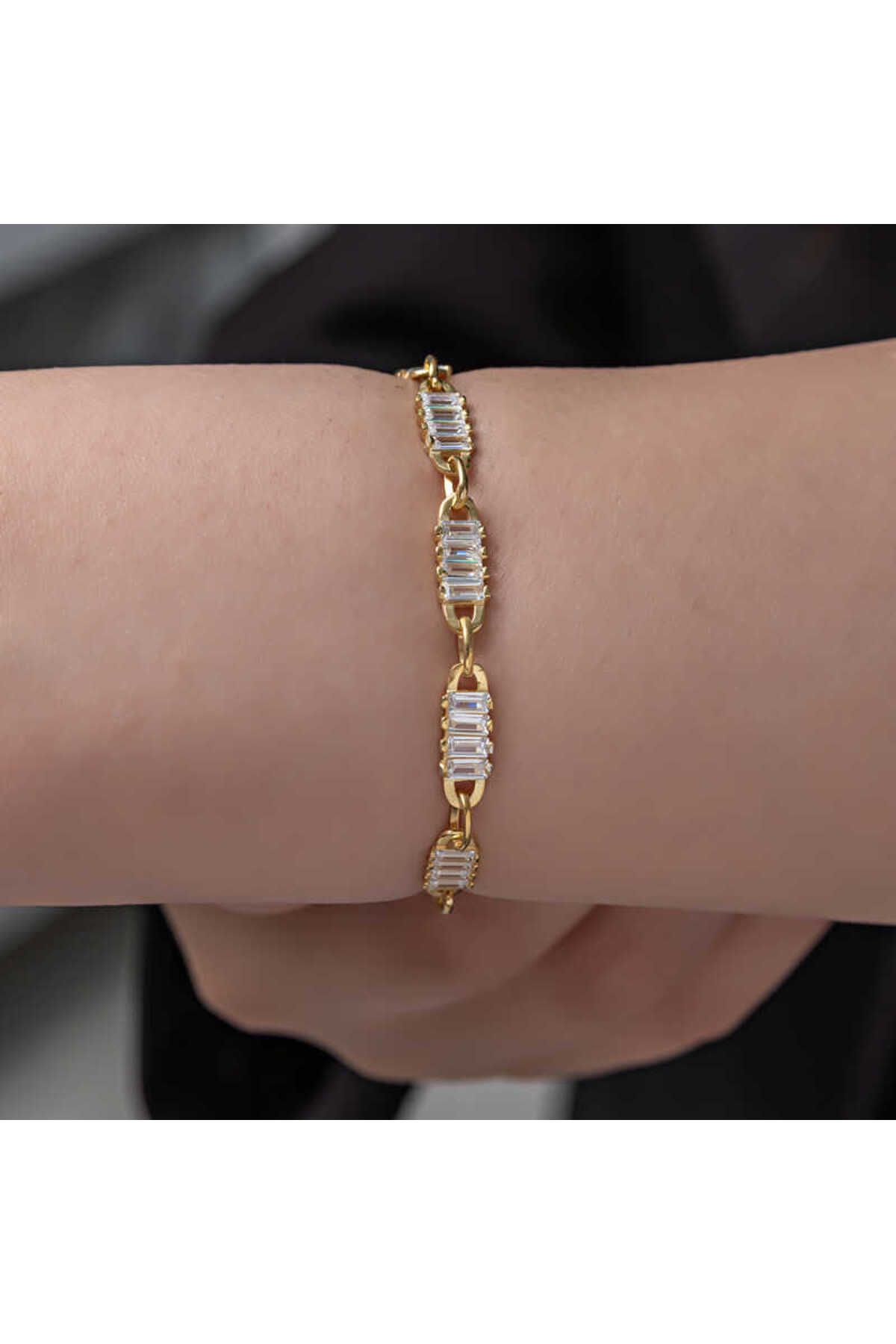 SANSERA 925 Ayar Gümüş Gold Baget Taşlı Kadın Bileklik