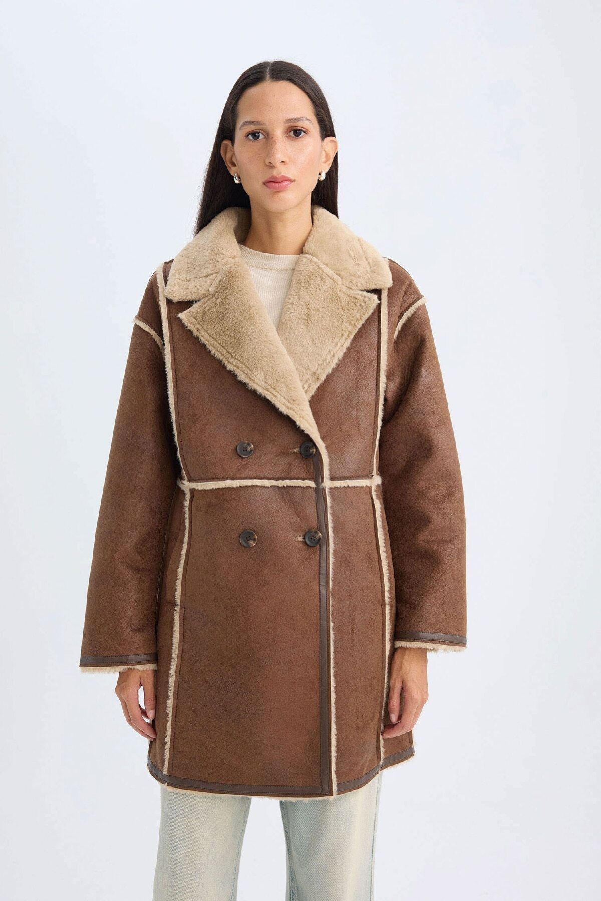 DeFacto-Suede Coat - Plush Lined with Buttons and Pockets D4202Ax24Wn 4