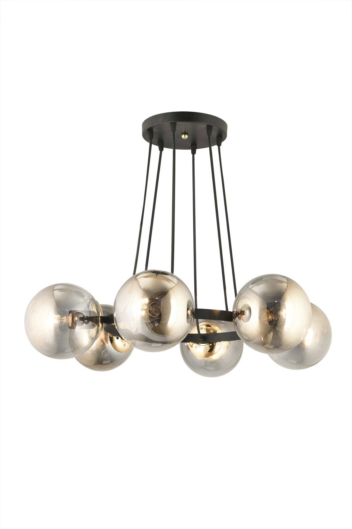 SONSUZ AYDINLATMA&AVİZE-Infinite Black 6-Piece Ring Smoked Globe Glass Modern Chandelier 4