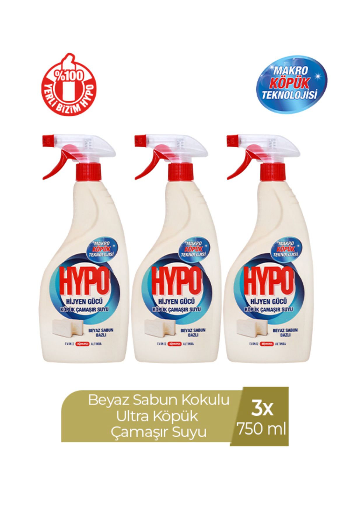 Hypo KÖPÜK ÇAMAŞIR SUYU BEYAZ SABUN KOKULU 750 ML x 3 ADET