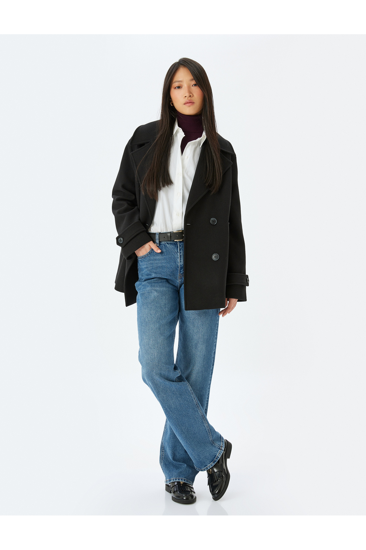 Buttoned Pocket Double Breasted Short Cashmere Coat