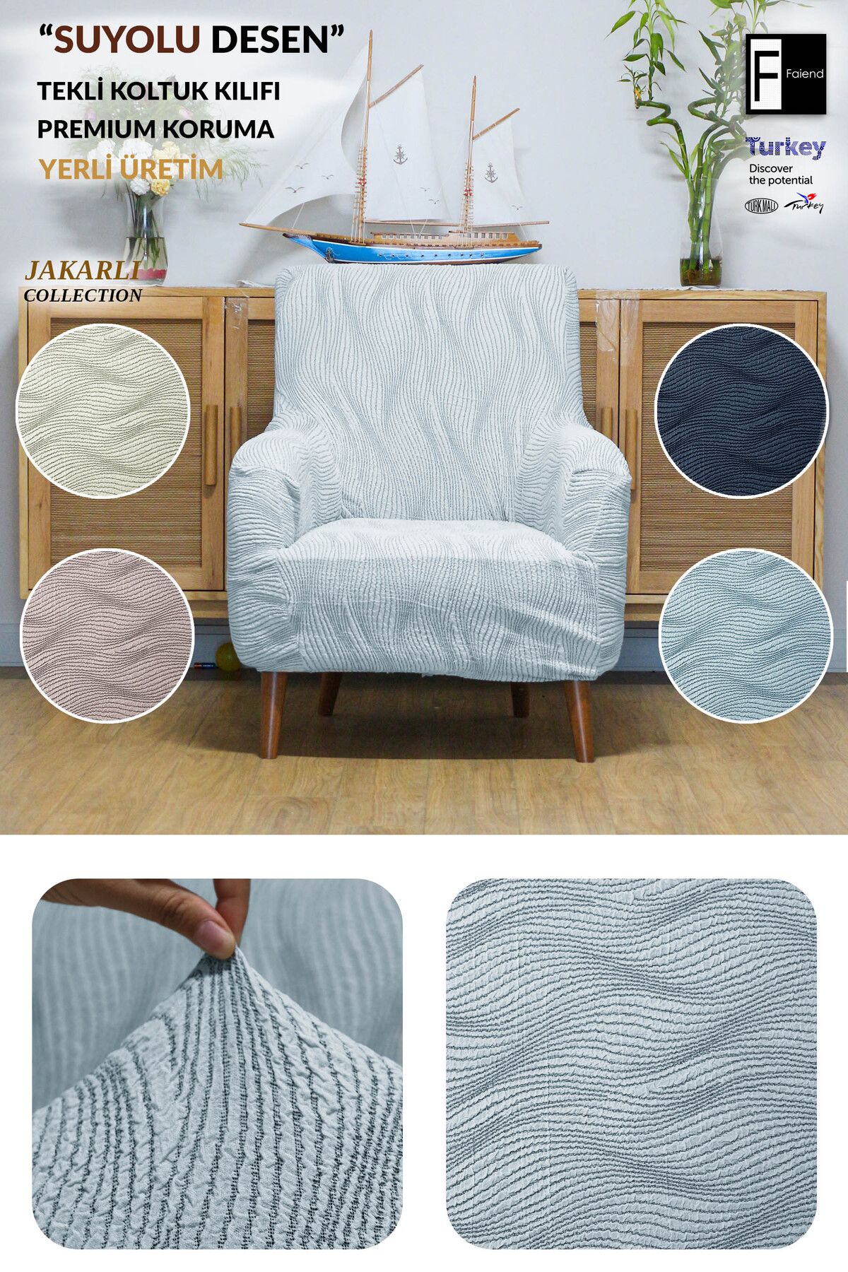 Faiend-Flexible Cotton Water Pattern Jacquard Single Sofa Cover - Stretch Elastic Case (Single) 3