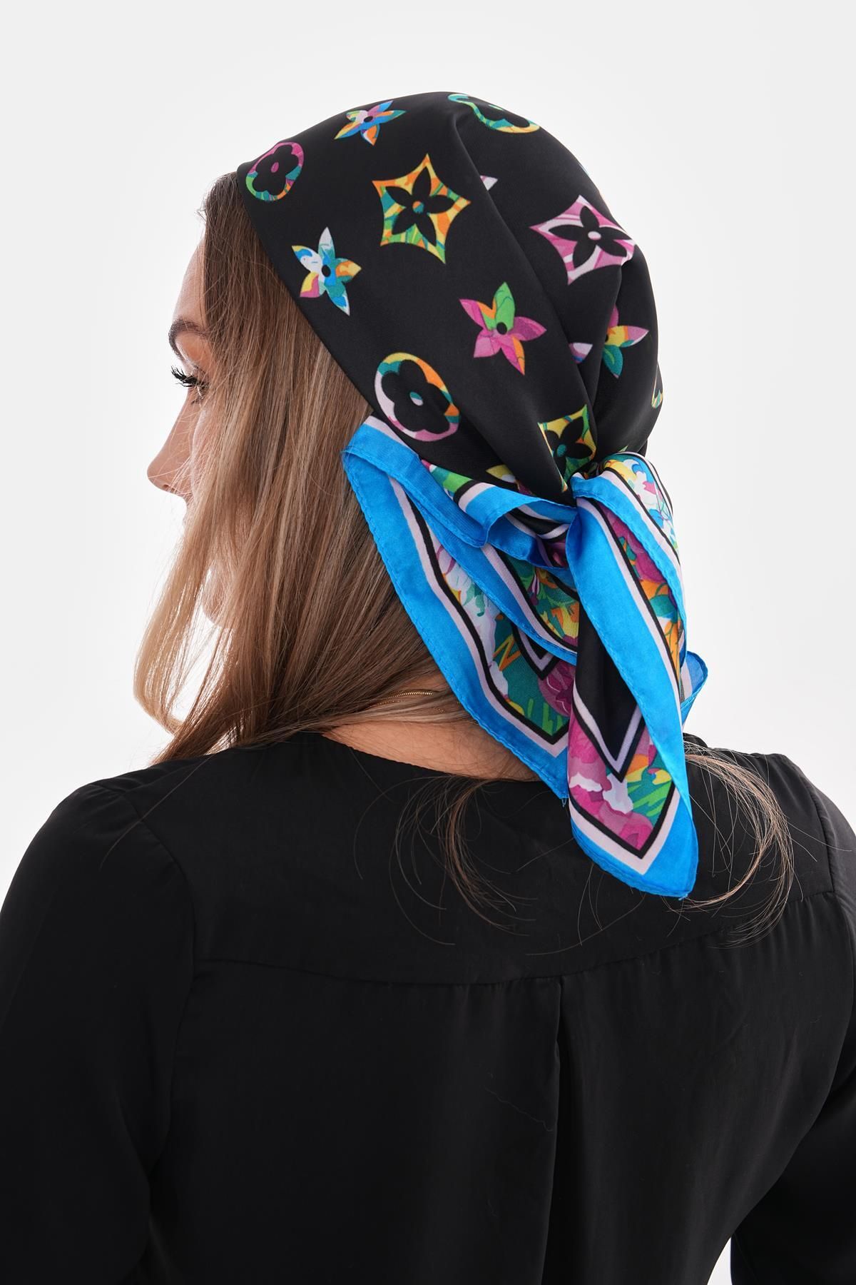 Axesoire-15267 Star Patterned Blue Bandana Scarf 70X70 cm 3