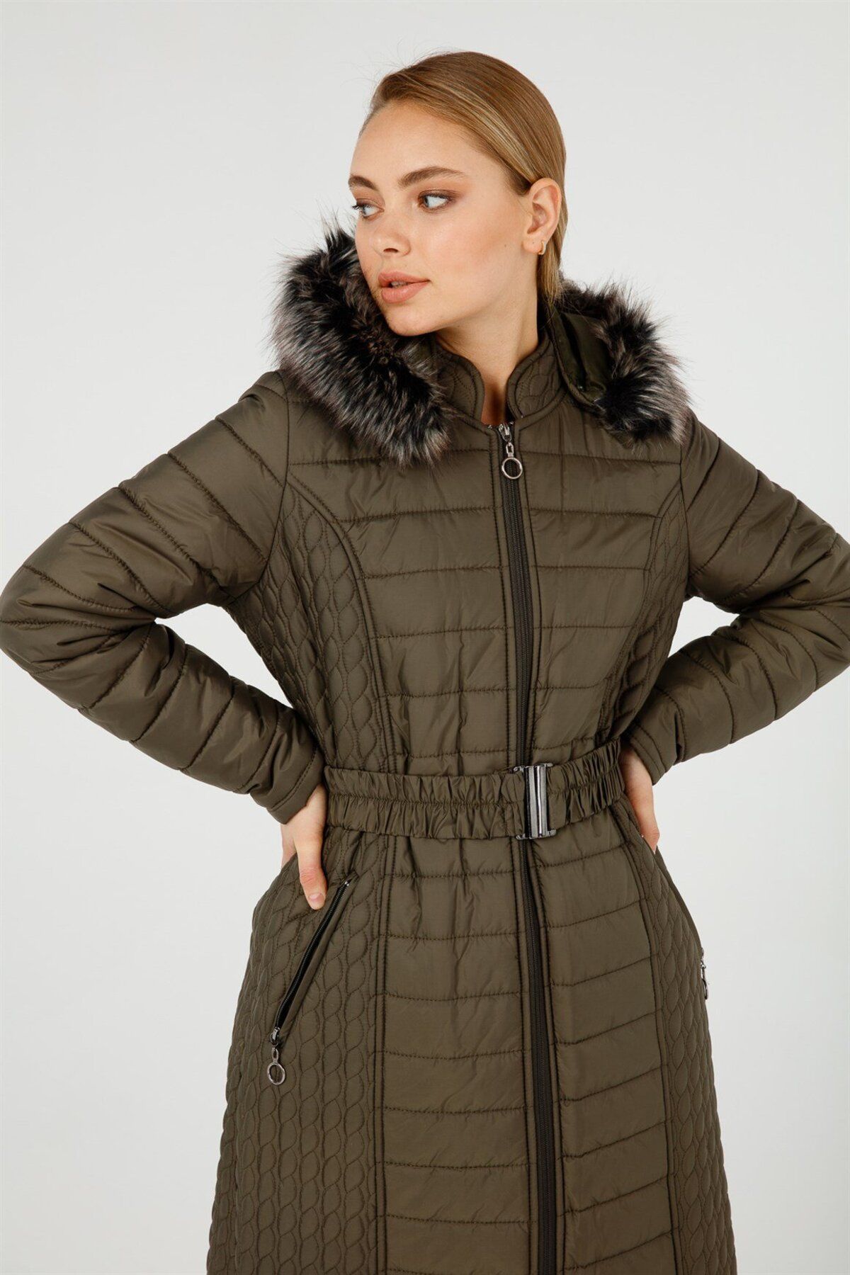 Esswaap-Belted Puffer Coat Khaki 3