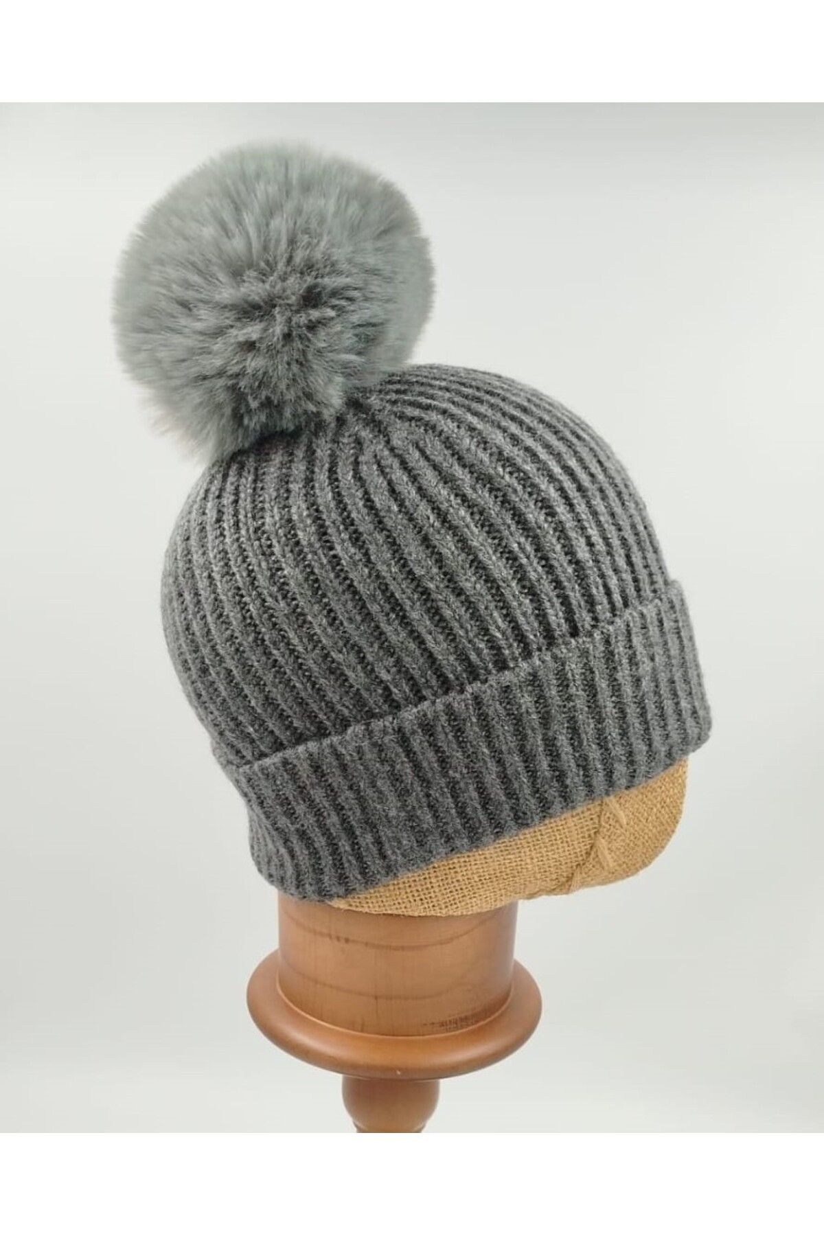 Dark Grey Braided Folded Pompom Beanie