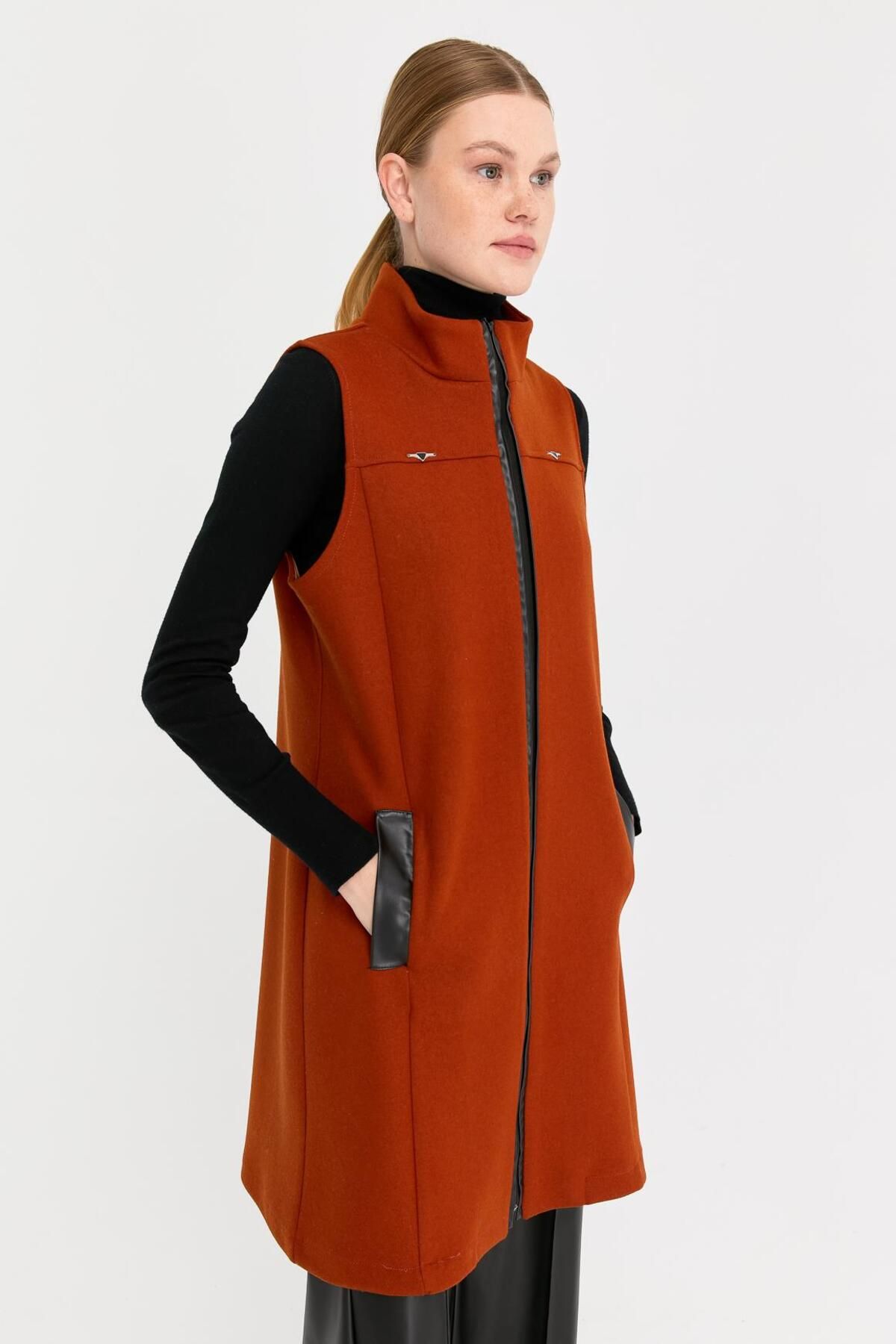 Esswaap-Orange Felt Vest - Leather Pocket Detail 4