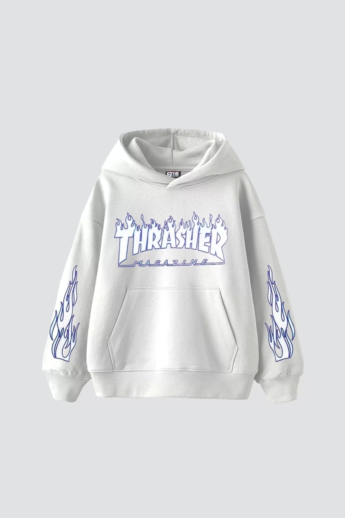 Sekizbiraltı-Hanocă albă, unisex, supradimensionată, cu imprimeu Thrasher Flam 1