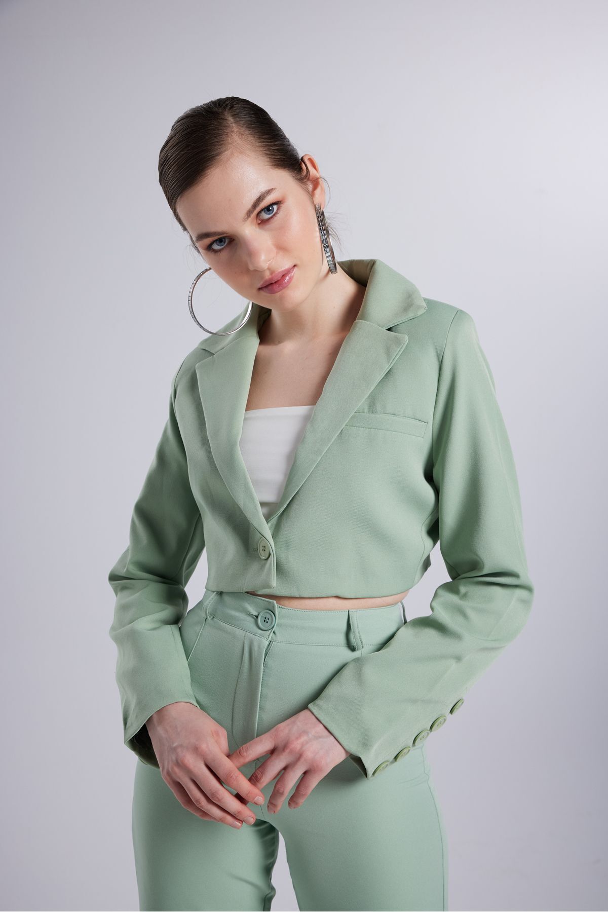 HOLLY LOLLY-Blazer cu mânecă lungă model crop căptușit Jachetă verde 6