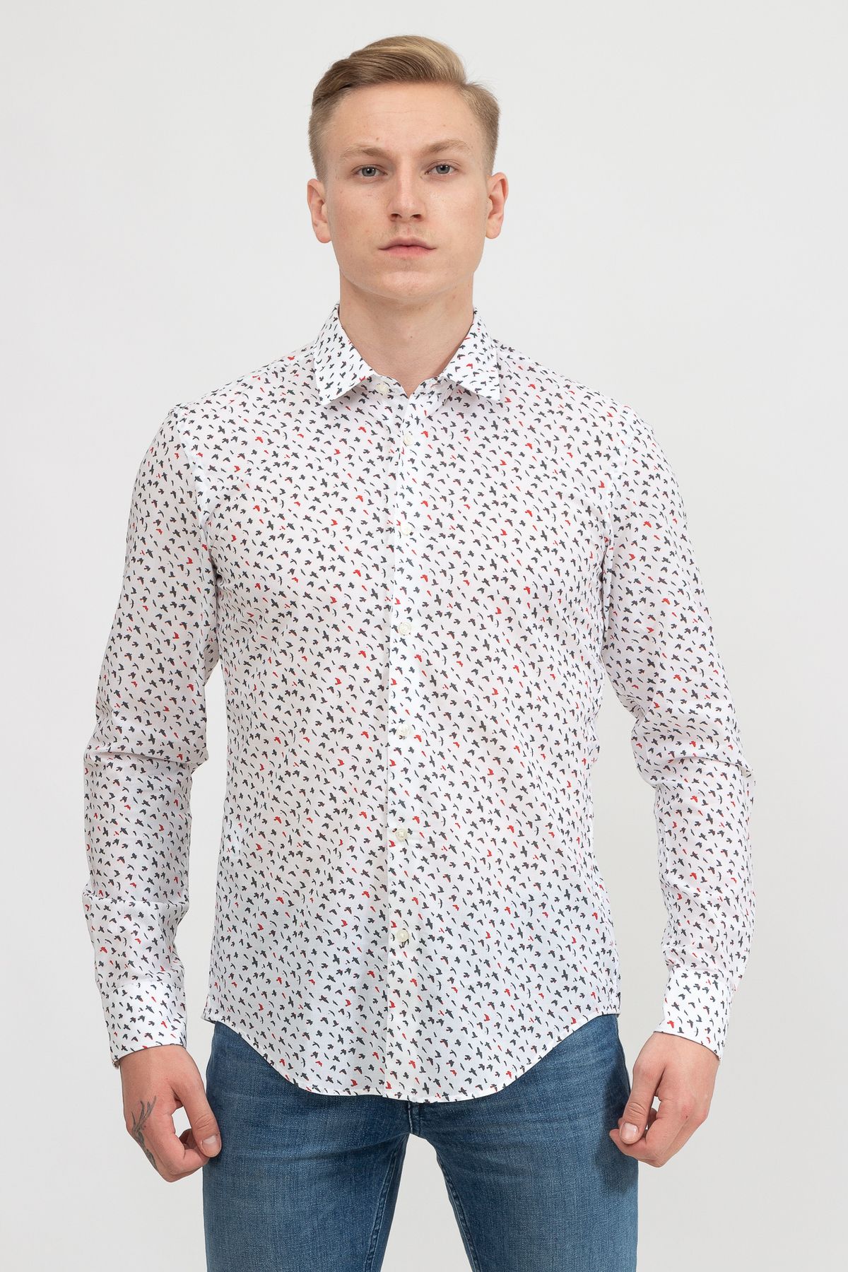 پیراهن / بلوز دکمه دار سفید مردانه باریک و پرنده 628 Hugo Boss