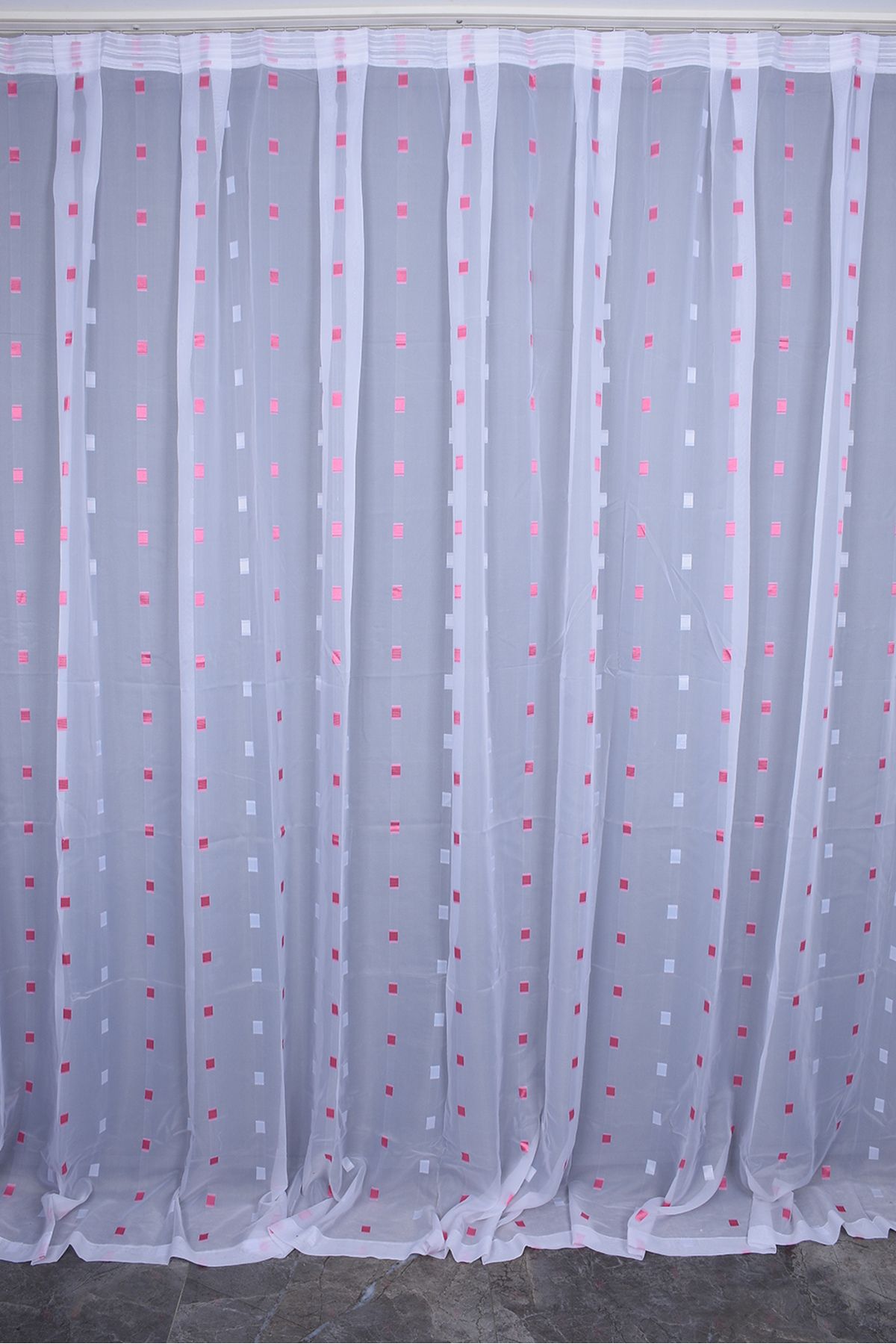 AKÇA TEKSTİL-Tergal Fuchia Quartered White Color Single Wing Premade Planted Pleated Background Curtain 300*260 cm 2