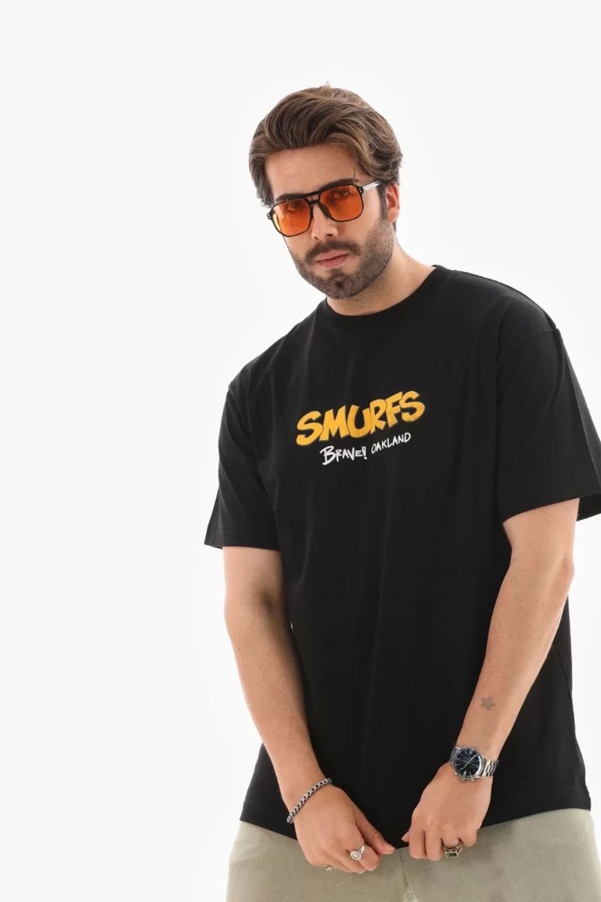 New Shine Unisex Bisiklet Yaka Baskılı Oversize T-Shirt - Siyah