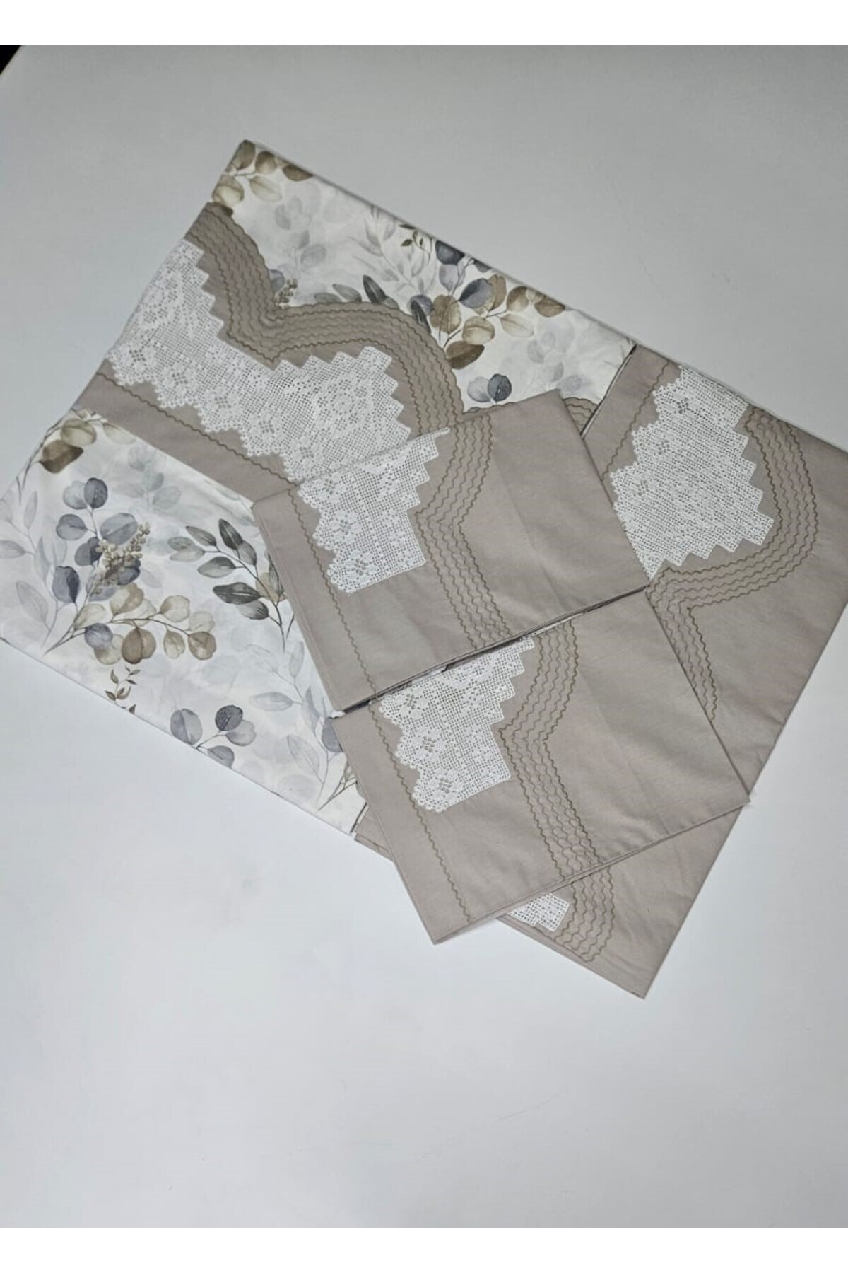 Handcrafted Lace Ribbed and Piccolo Duvet Cover Set - Patterned Cappuccino