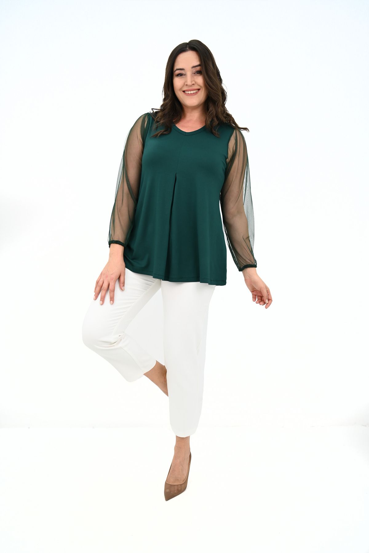 Koza Butik-Women's Plus Size Pleated V Neck Tulle Detail Blouse 1857-25 2