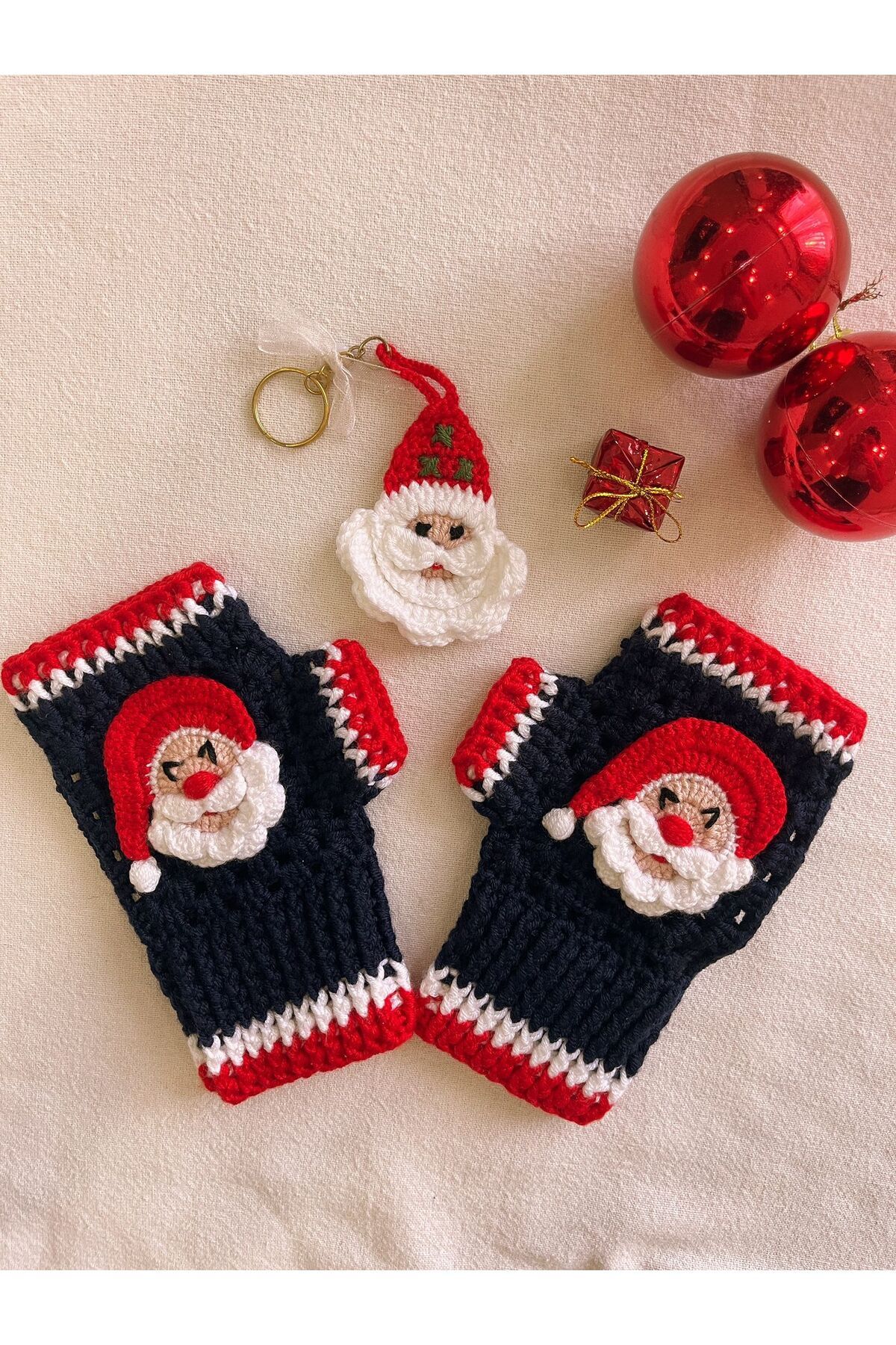 hediyeofisi-Handmade Santa Claus Design Woolen Gloves, Fingerless Gloves, New Year's Gift (with Keychain Gift) 2