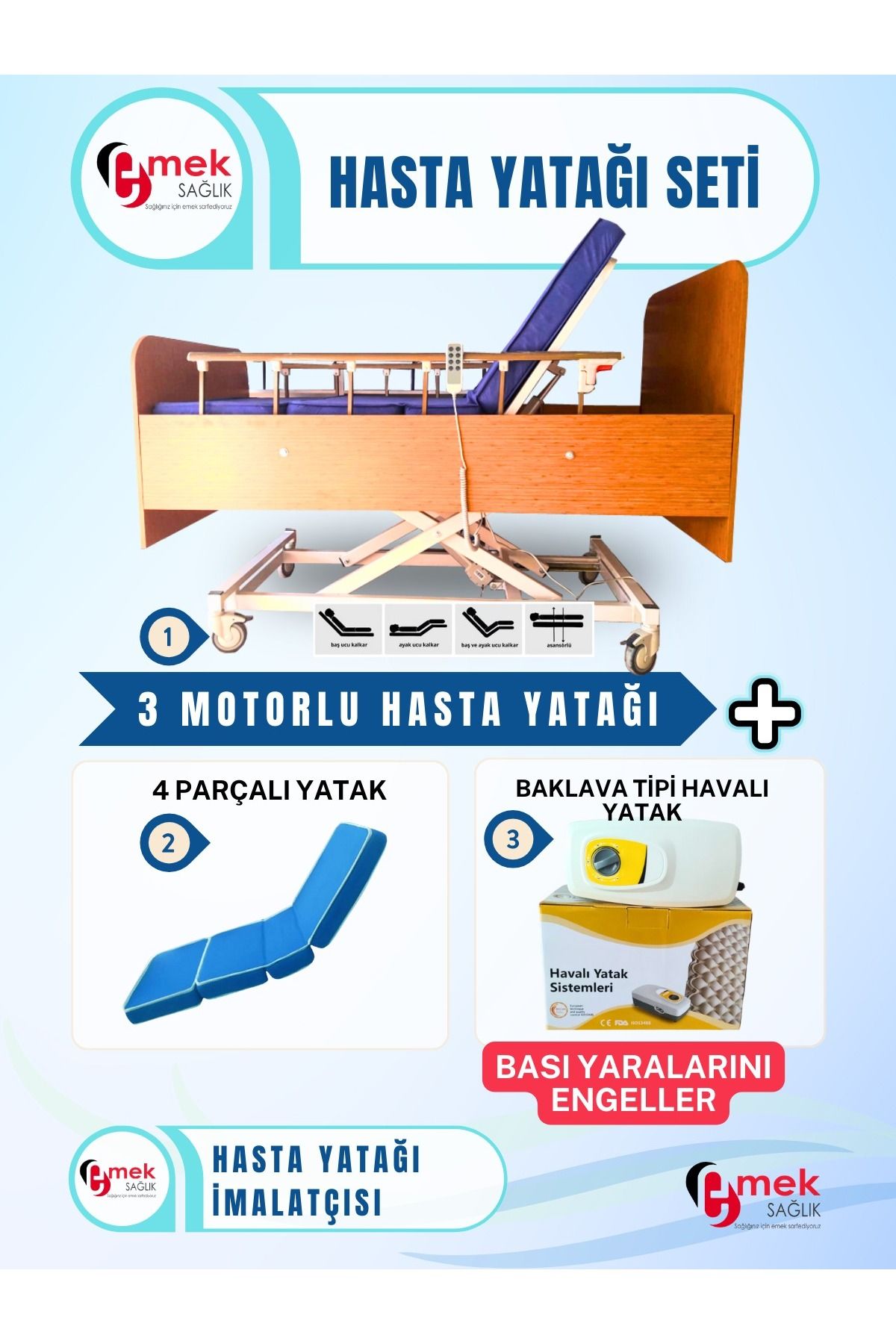 emek sağlık 3 Motorlu Ahşap Hasta Karyolası + 4 Parçalı Yatak + Baklava Tipi Havalı Yatak Takım