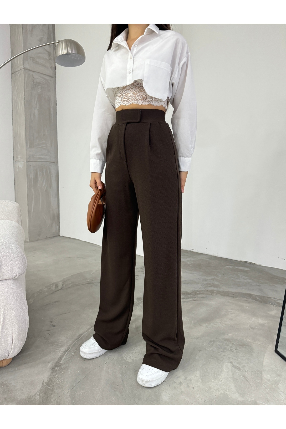 BİKELİFE-Braune Lycra-Palazzo-Hose mit weitem Bein und Klettverschluss für Damen 2