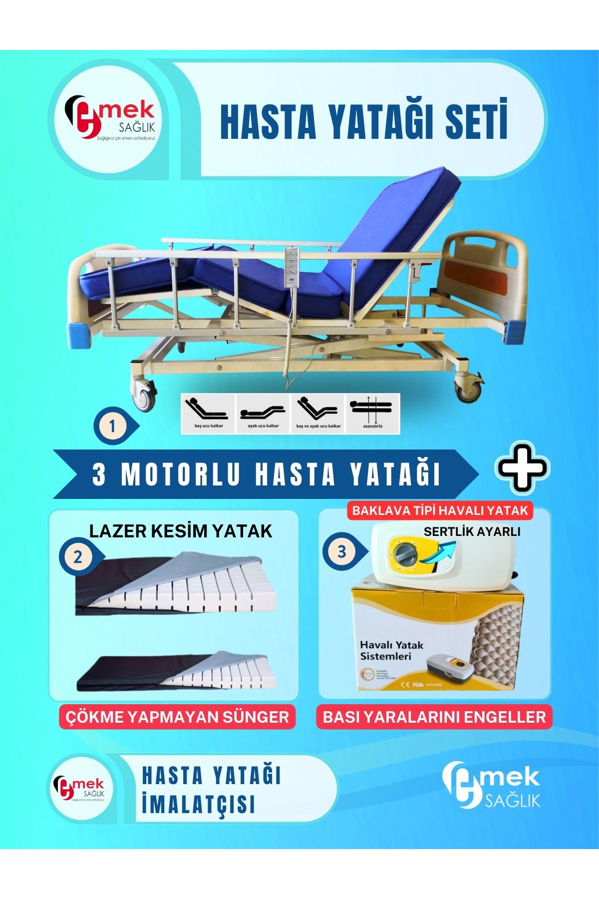 emek sağlık 3Motorlu ABS Başlıklı Tabanca Korkuluklu Hasta Karyolası+Lazer Kesim Yatak+Baklava Tipi Havalı Yatak