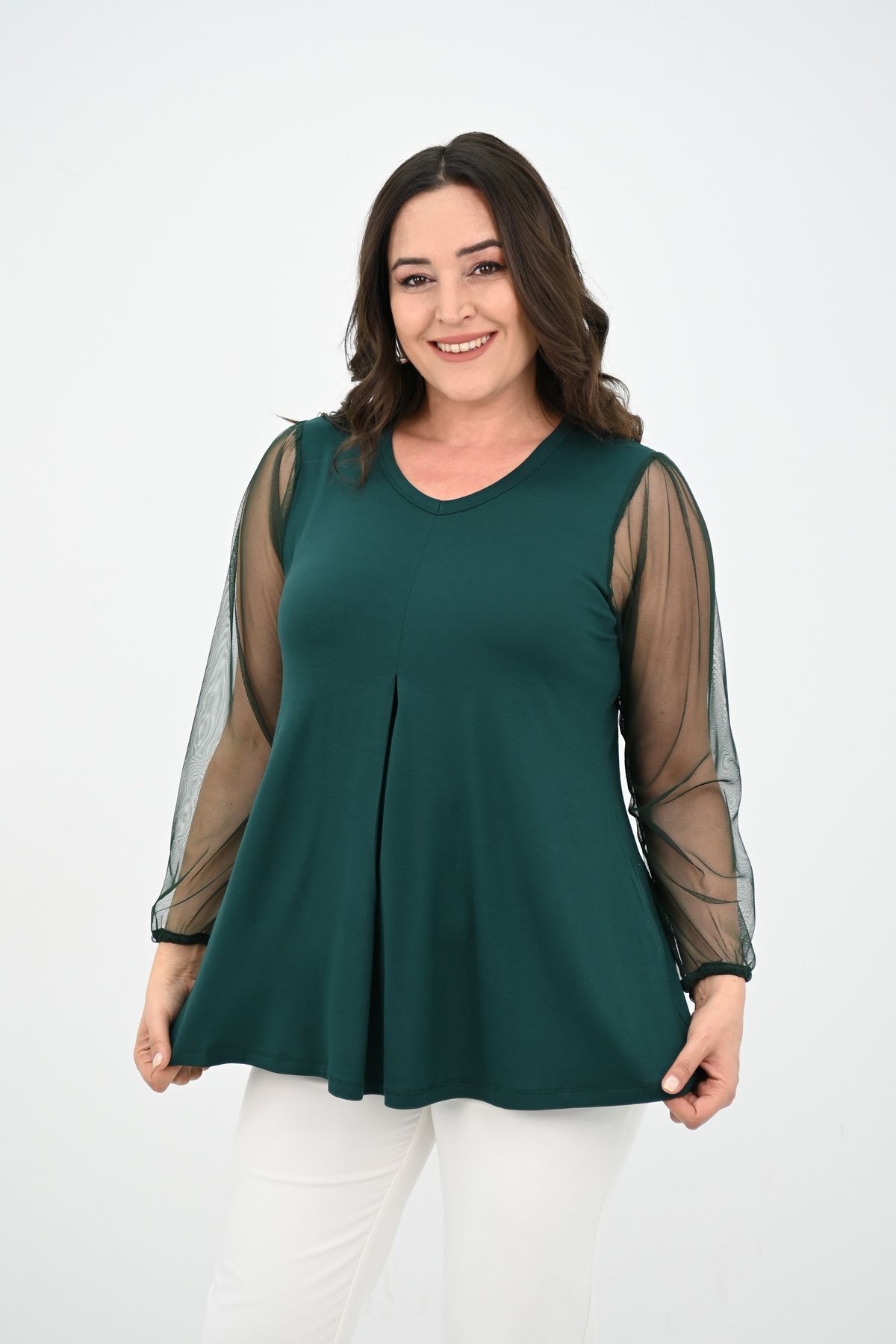 Koza Butik-Women's Plus Size Pleated V Neck Tulle Detail Blouse 1857-25 5