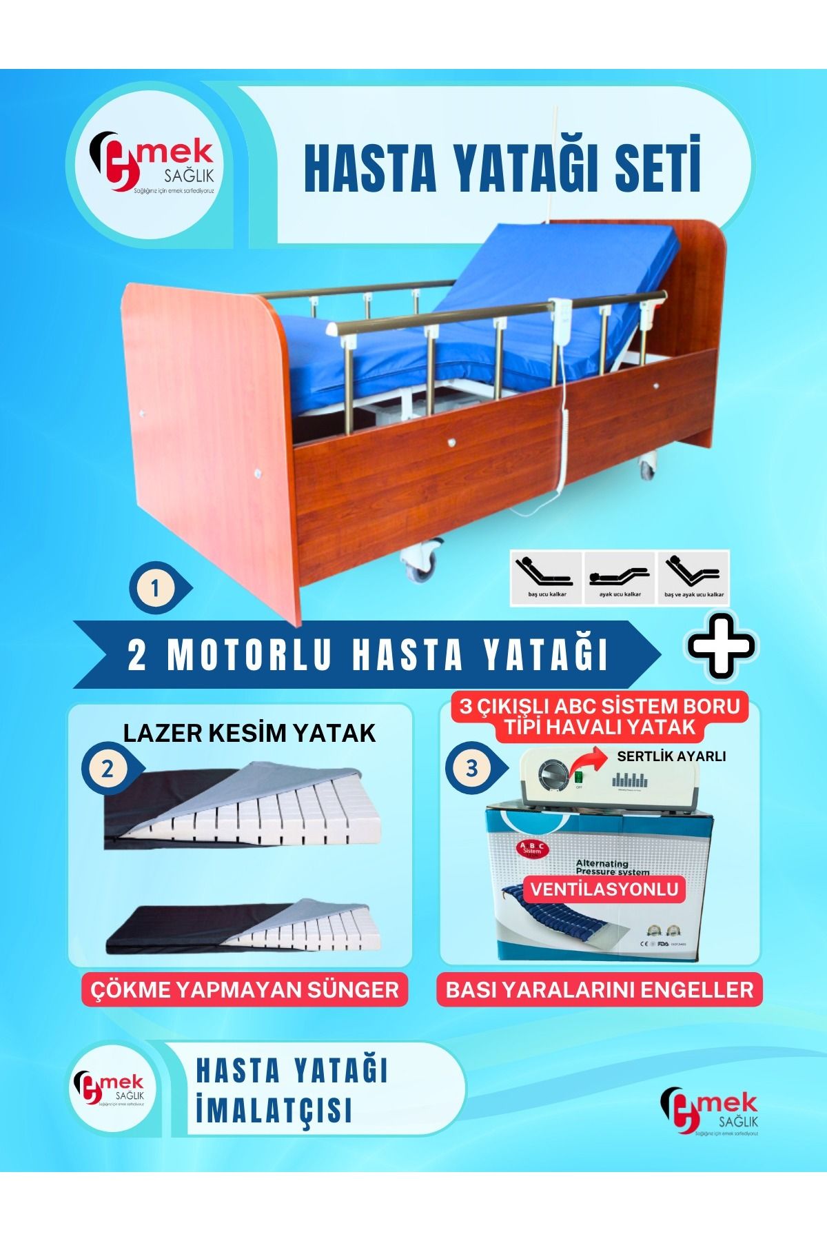 emek sağlık 2 Motorlu Ahşap Hasta Karyolası + Lazer Kesim Yatak + 3 Çıkışlı ABC Sistem Boru Tipi Havalı Yatak