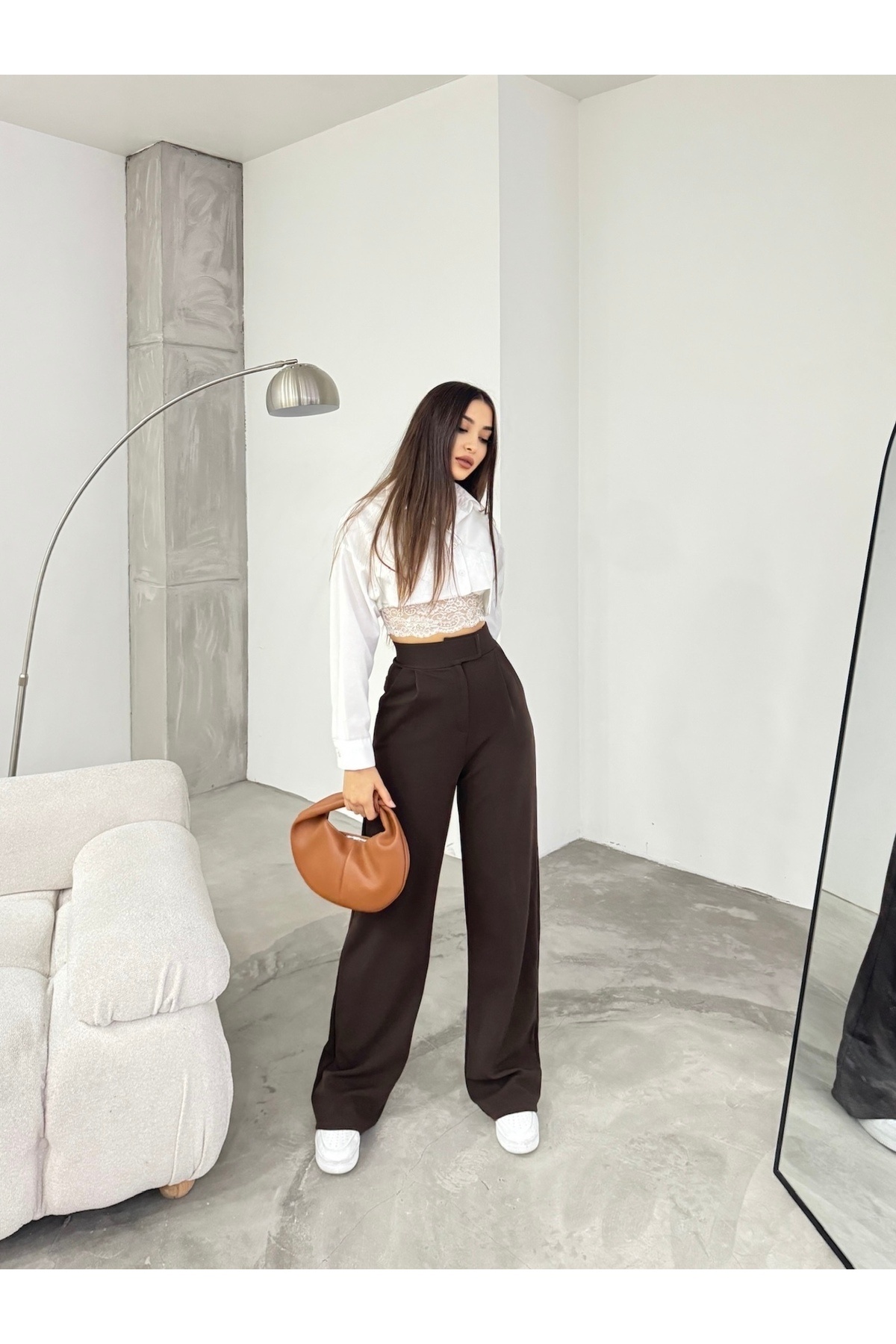 BİKELİFE-Braune Lycra-Palazzo-Hose mit weitem Bein und Klettverschluss für Damen 3