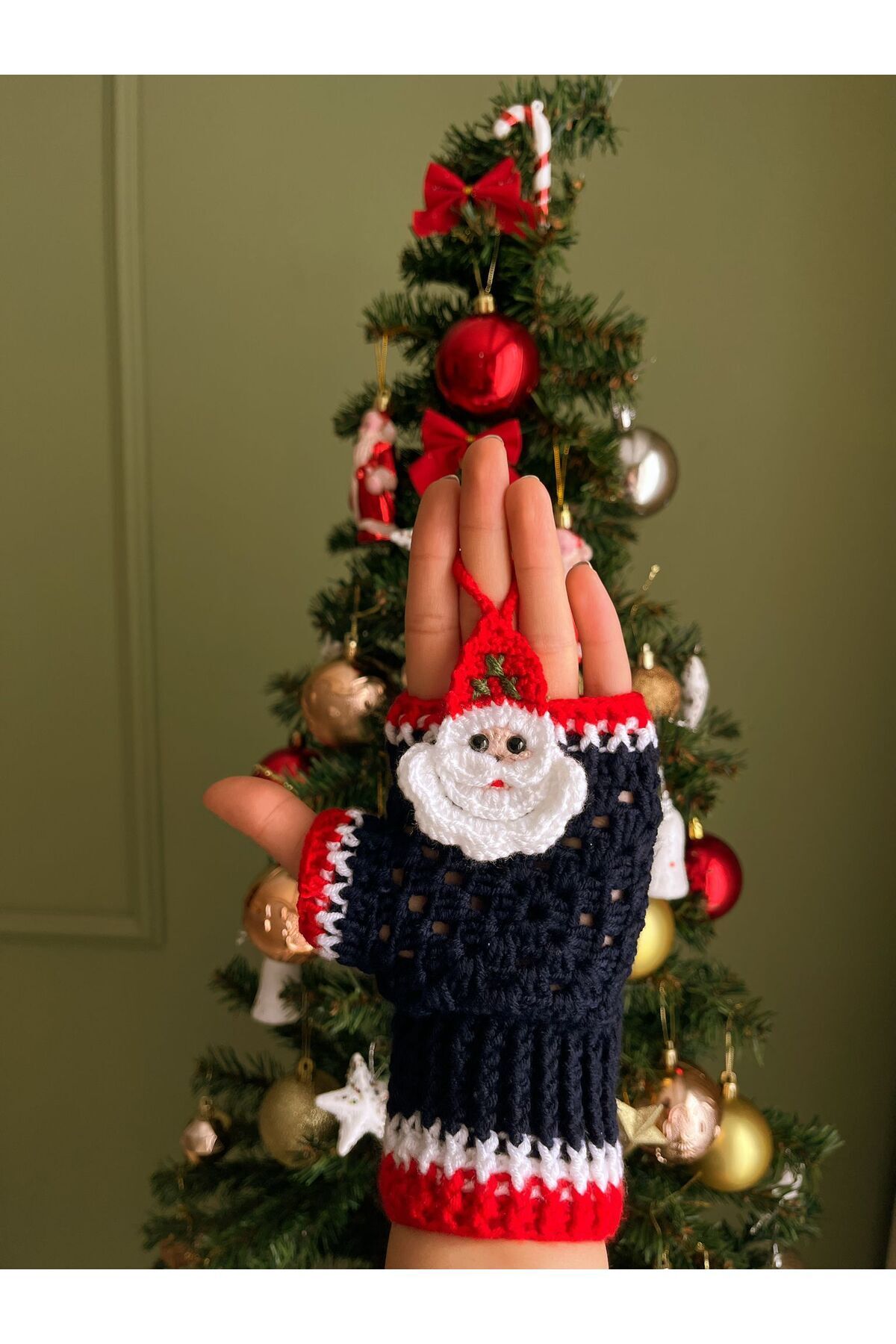 hediyeofisi-Handmade Santa Claus Design Woolen Gloves, Fingerless Gloves, New Year's Gift (with Keychain Gift) 3