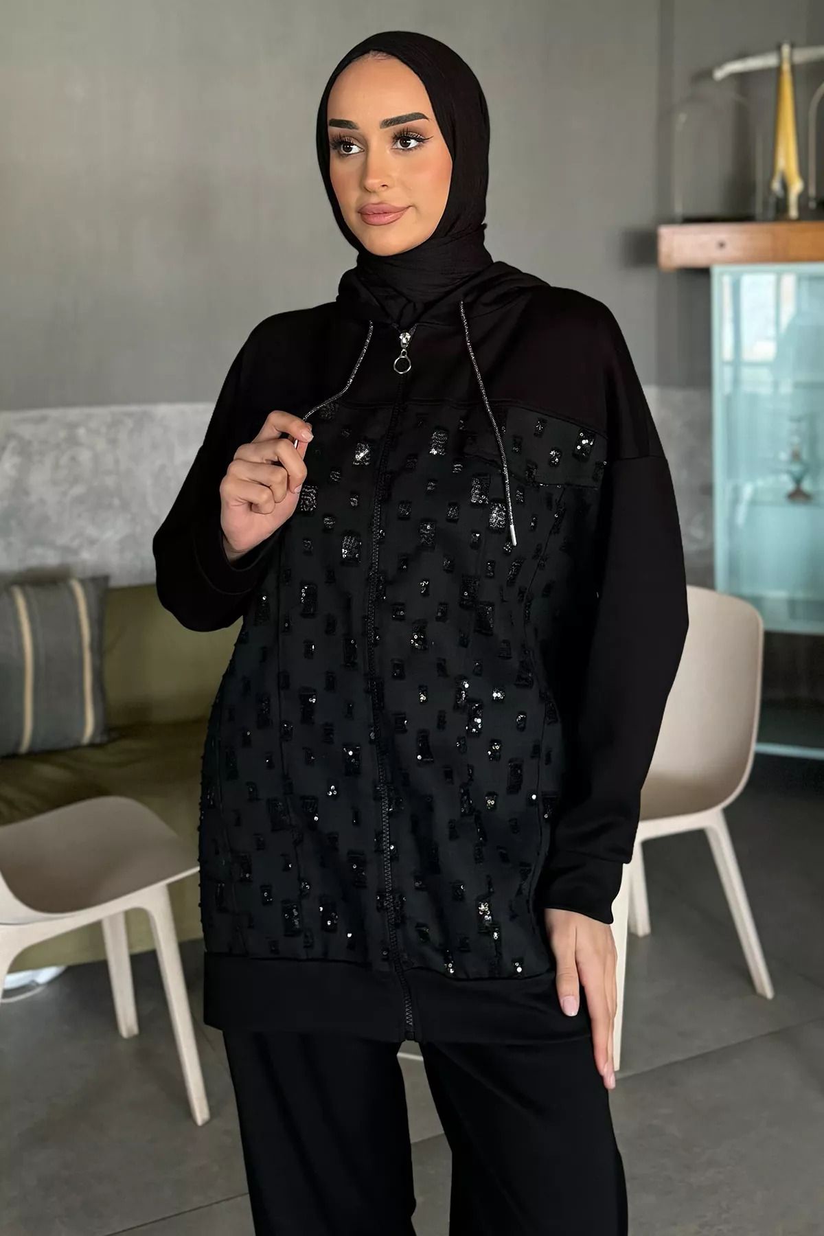 julude-Black Jeans Garnished Jacket Pants Hijab Double Set 6