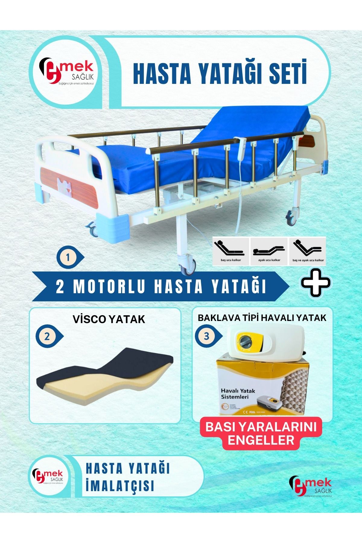 emek sağlık 2Motorlu Abs Başlıklı Tabanca Korkuluklu Hasta Karyolası+Visco Yatak+Baklava Tipi Havalı Yatak Takım