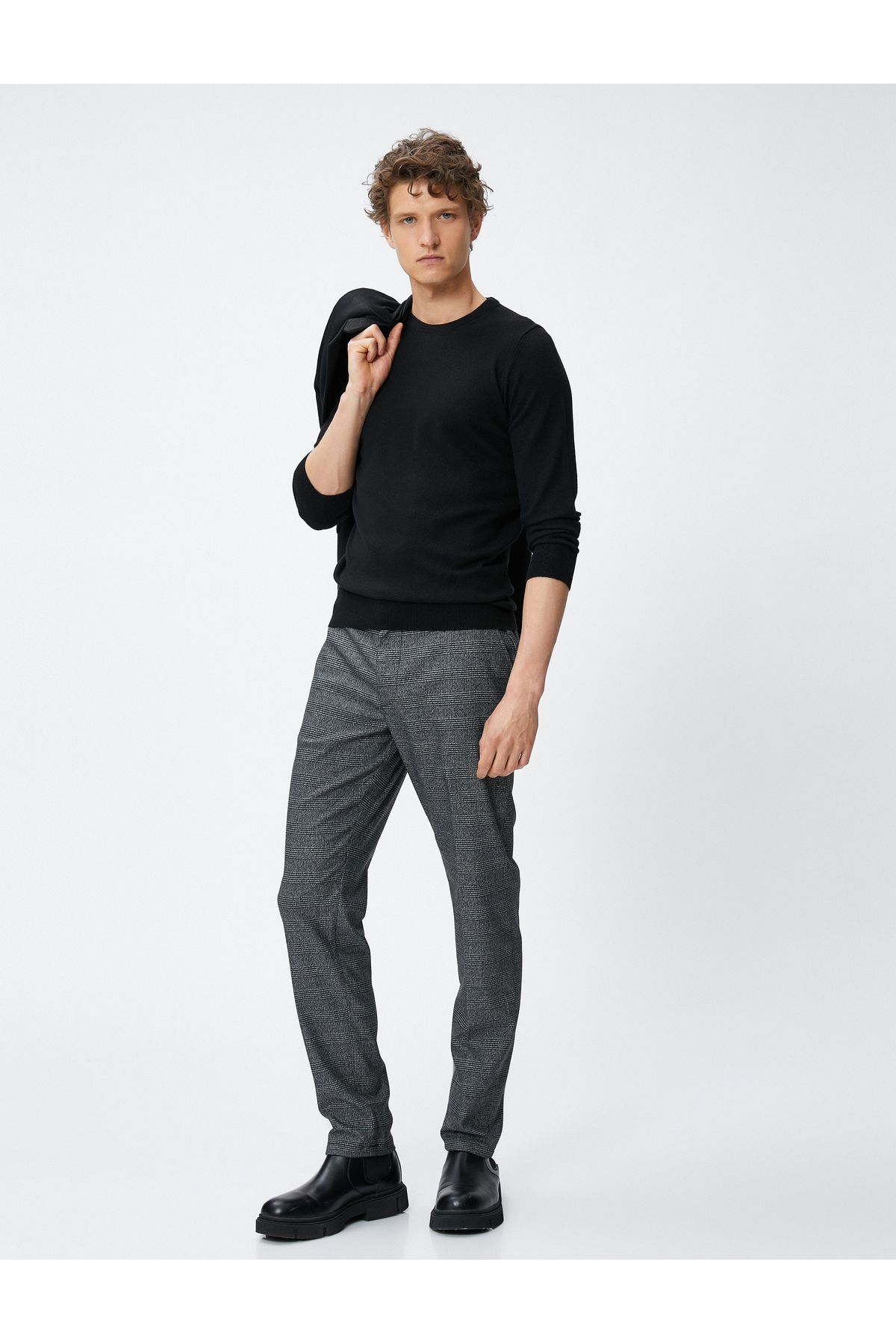 Koton-Viscose Mixed - Checkered Trousers, Button Detail and Pocket 1