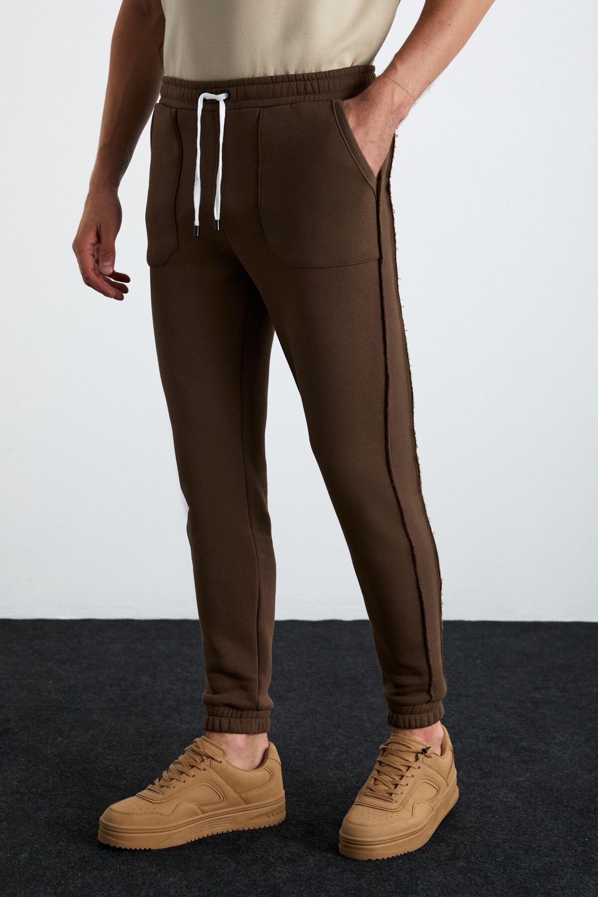 GRIMELANGE-Tyrese Men's Brown Sweatpants - 3 Thread, Raised Waist, Elastic Leg 3