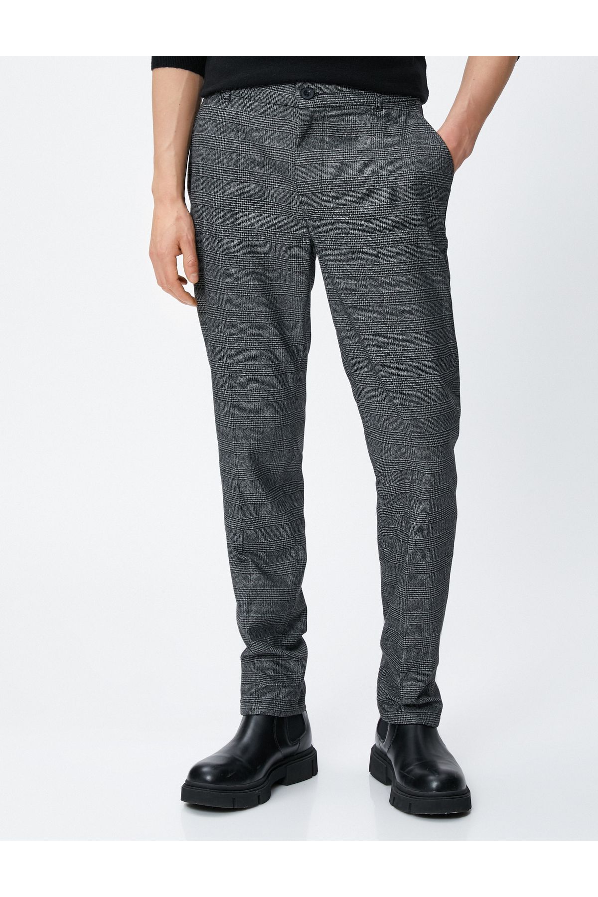 Koton-Viscose Mixed - Checkered Trousers, Button Detail and Pocket 3