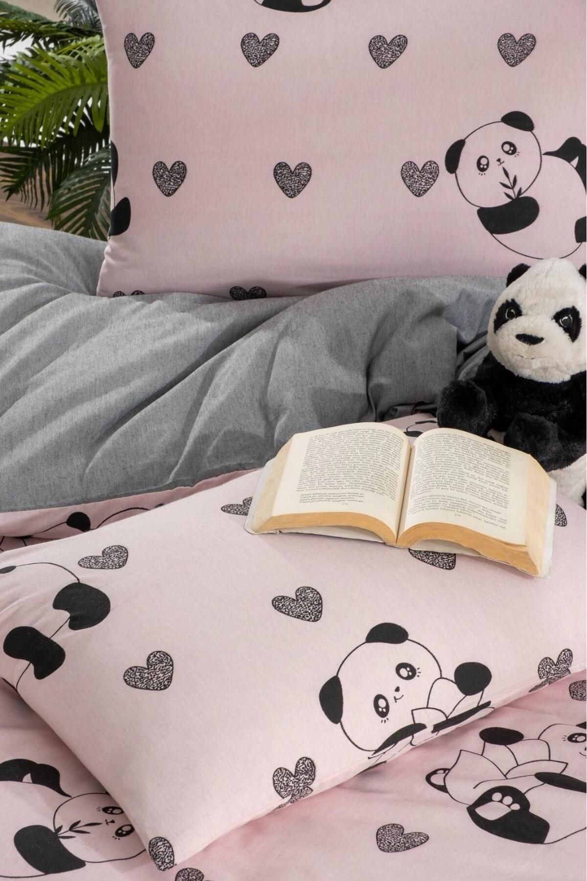 Roi-Single Pink Panda Patterned Duvet Cover Set with Elastic Sheets and 1 Pillowcase 2