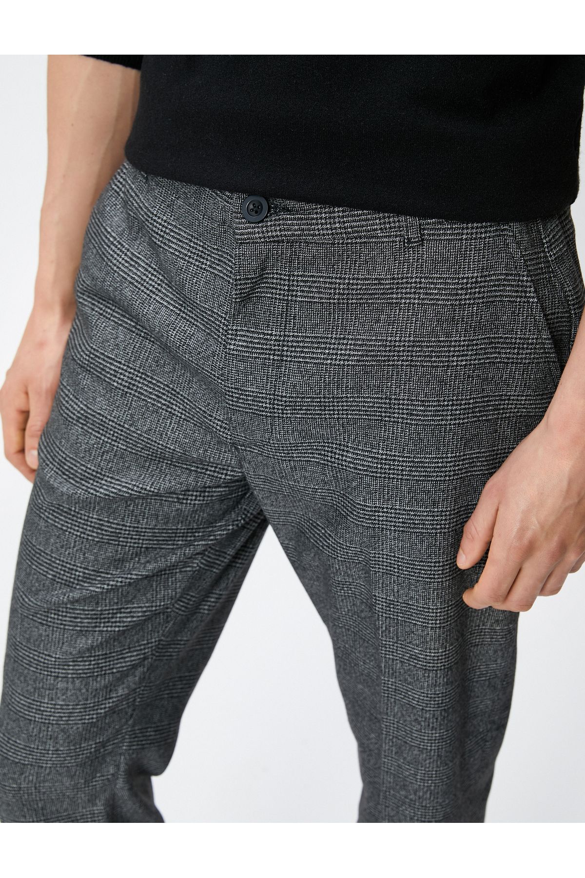 Koton-Viscose Mixed - Checkered Trousers, Button Detail and Pocket 5