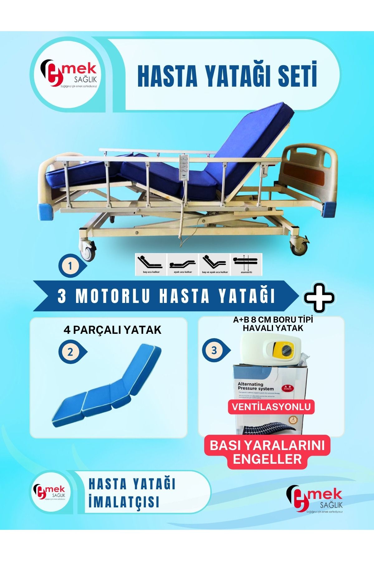 emek sağlık 3MotorluABSBaşlıklıTabancaKorkulukluHastaYatağı+4ParçalıYatak+ABsistemli8cmBoruTipiHavalıYatak