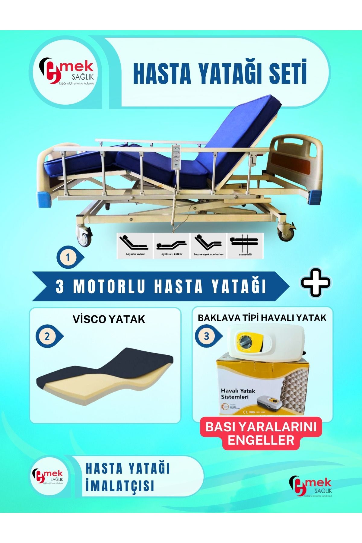 emek sağlık 3 Motorlu ABS Başlıklı Tabanca Korkuluklu Hasta Yatağı + Visco Yatak + Baklava Tipi Havalı Yatak