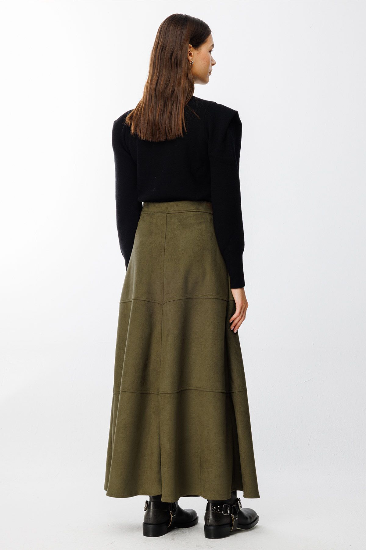 Hooopstore-Suede Suede Khaki Long Skirt 5