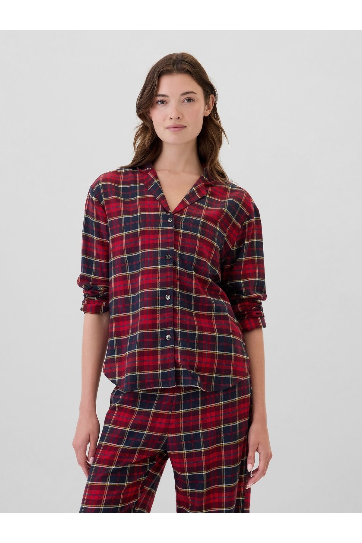 GAP Kadın Bordo Relaxed Flannel Pijama Üstü