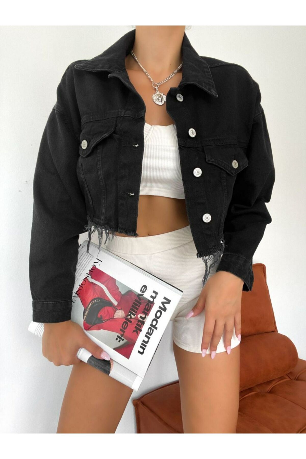 DENİKK  Trend Siyah Crop Kot Ceket - Görsel 3