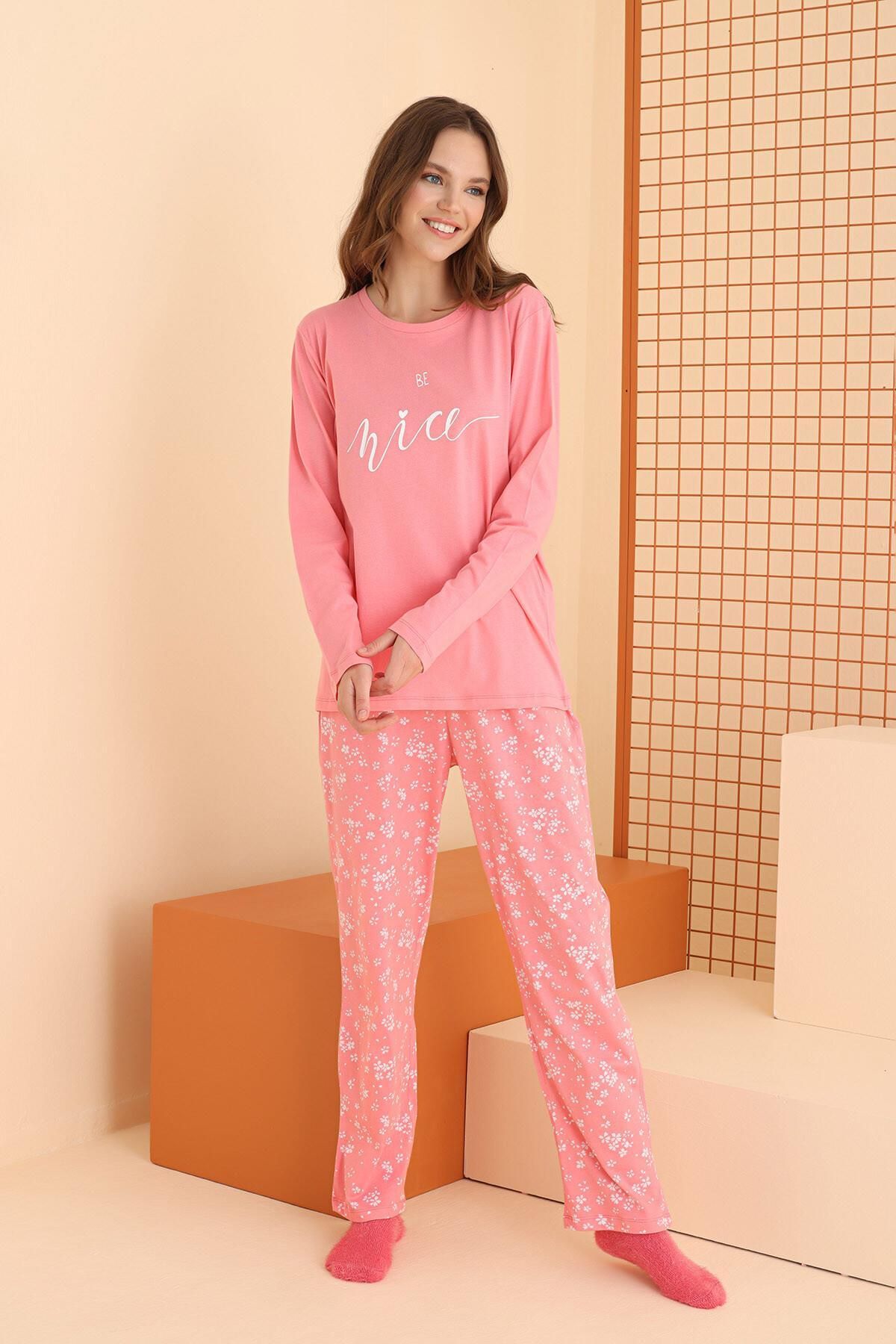 NBB Kadın %100 Pamuklu, Uzunkol, Mevsimlik Penye Pijama Takım